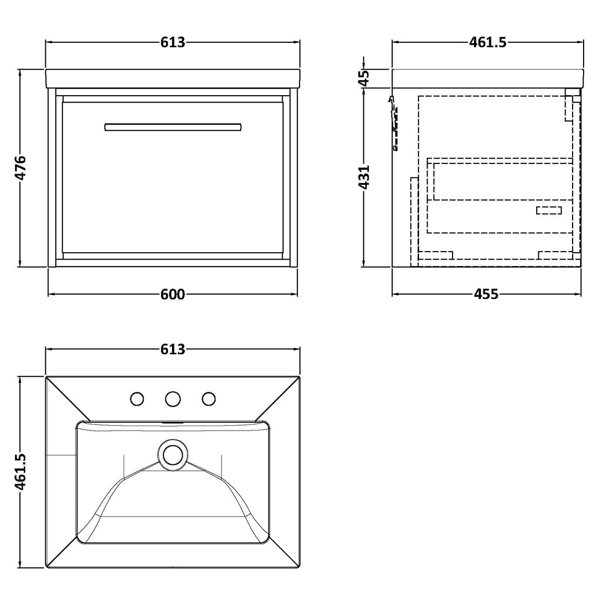 Hudson Reed Lille 600mm Wall Hung 1 Drawer Vanity Unit & Basin Graphite Grey LIL2222M LD