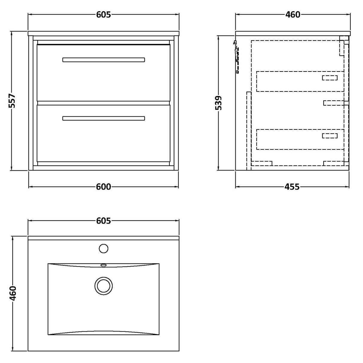 Hudson Reed Lille 600mm Wall Hung 2 Drawer Vanity Unit & Basin Graphite Grey LIL2224C LD