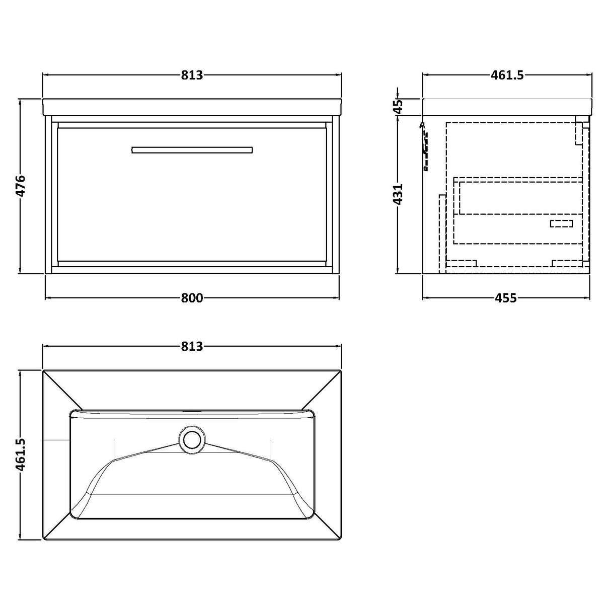Hudson Reed Lille 800mm Wall Hung 1 Drawer Vanity Unit & Basin Graphite Grey LIL2225K LD