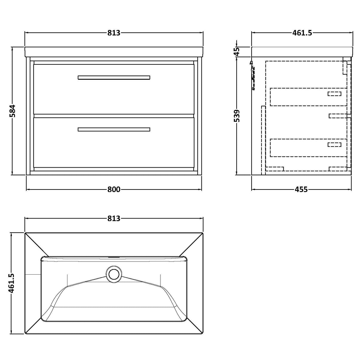 Hudson Reed Lille 800mm Wall Hung 2 Drawer Vanity Unit & Basin Graphite Grey LIL2226K LD