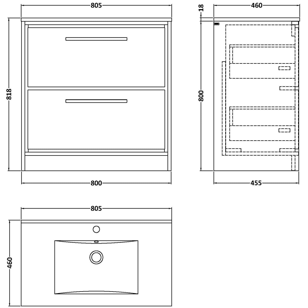Hudson Reed Lille 800mm Freestanding 2 Drawer Vanity Unit & Basin Graphite Grey LIL2235C LD