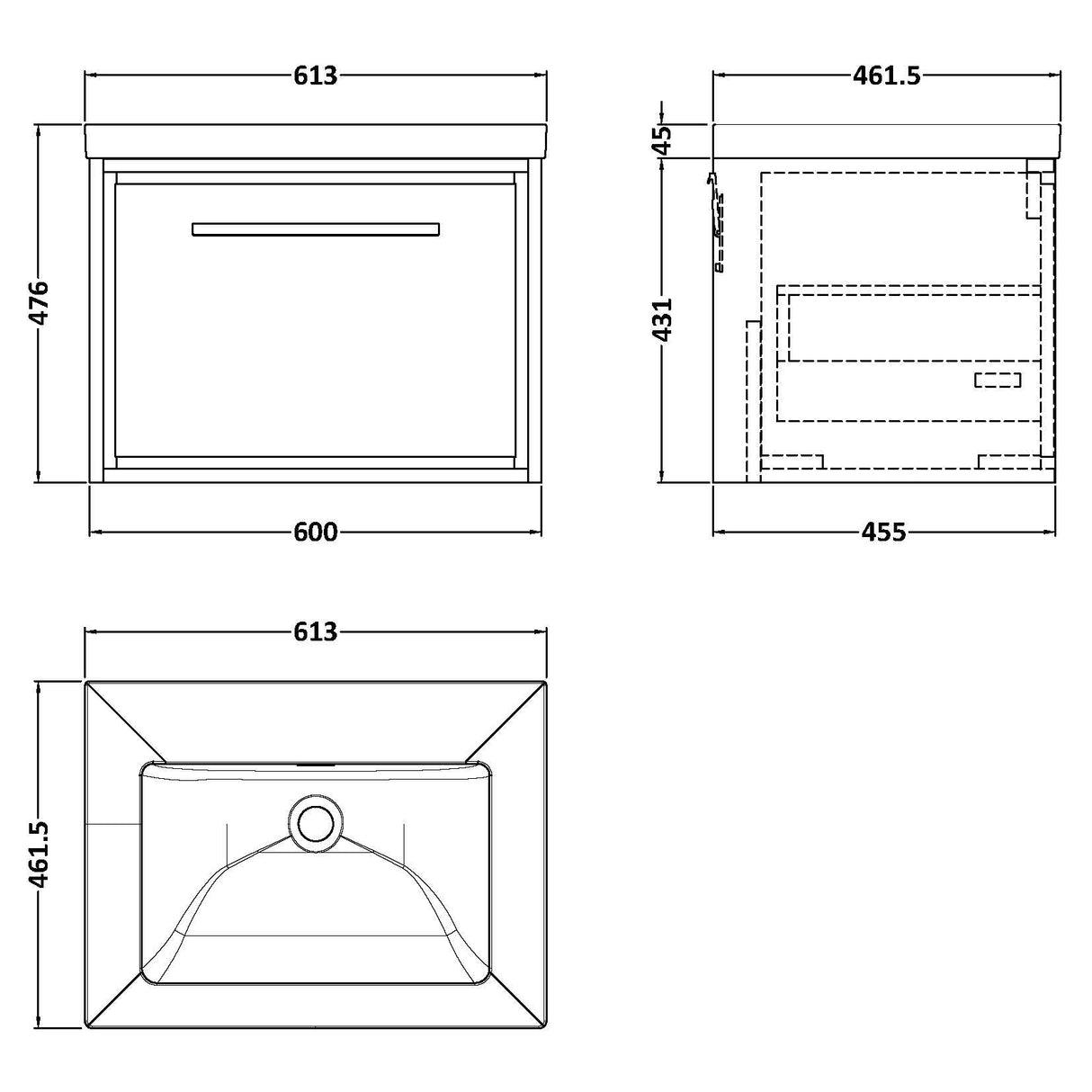 Hudson Reed Lille 600mm Wall Hung 1 Drawer Vanity Unit & Basin Coastal Grey LIL2322K LD