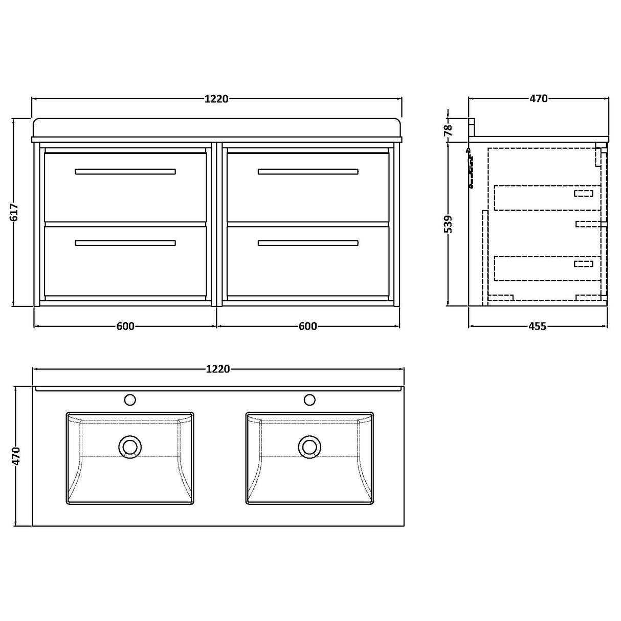 Hudson Reed Lille 1200mm Wall Hung Double Vanity Unit & Basin, 4 Drawers Coastal Grey LIL2324WS2 LD