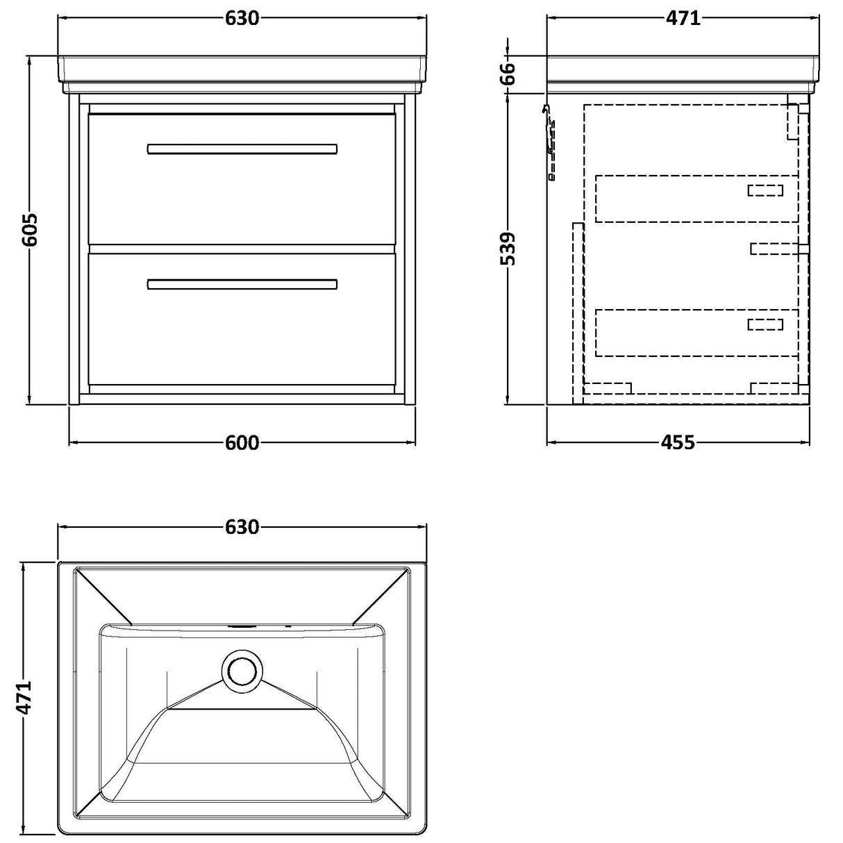 Hudson Reed Lille 600mm Wall Hung 2 Drawer Vanity Unit & Basin Antique Oak LIL2724H LD