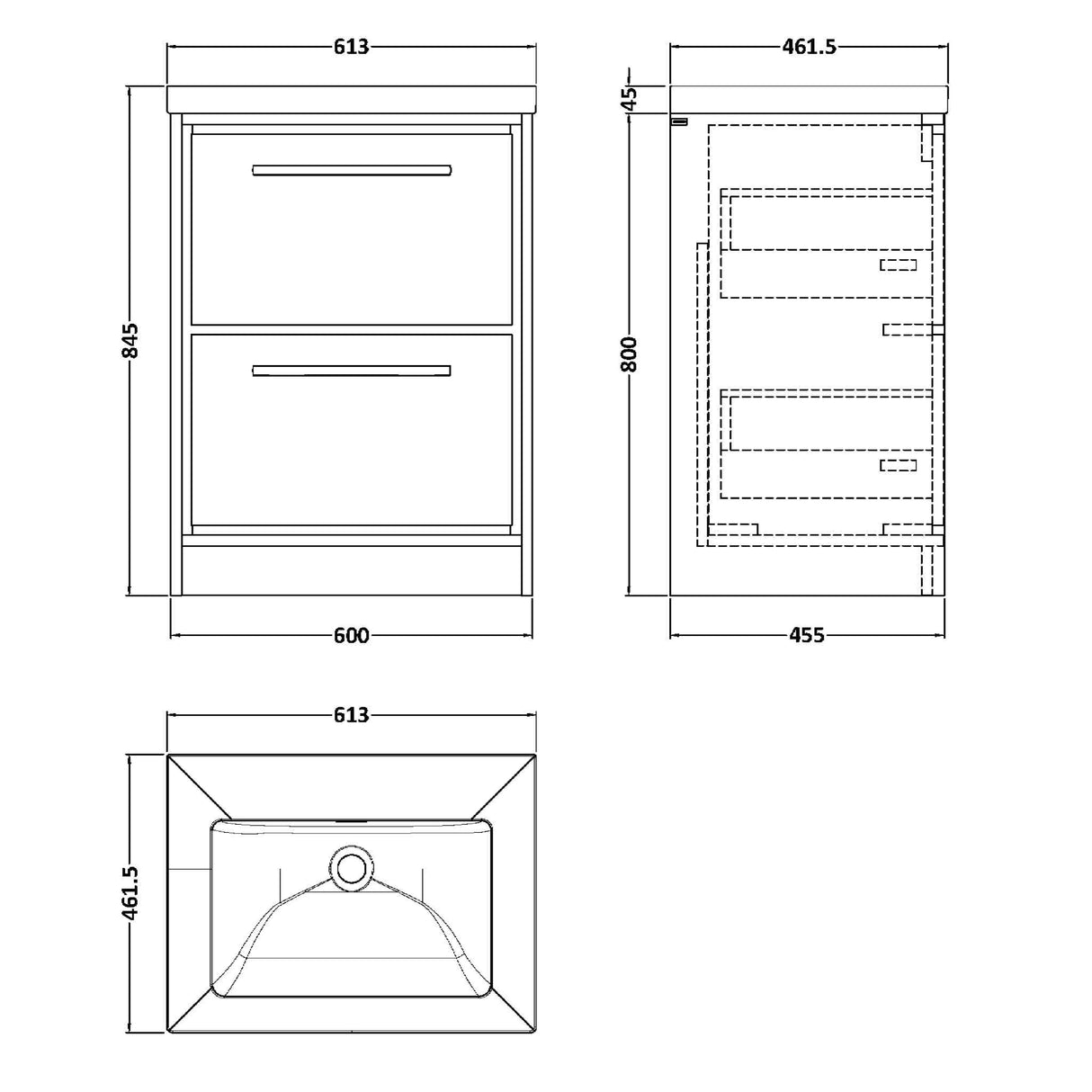 Hudson Reed Lille 600mm Freestanding 2 Drawer Vanity Unit & Basin Antique Oak LIL2733K LD