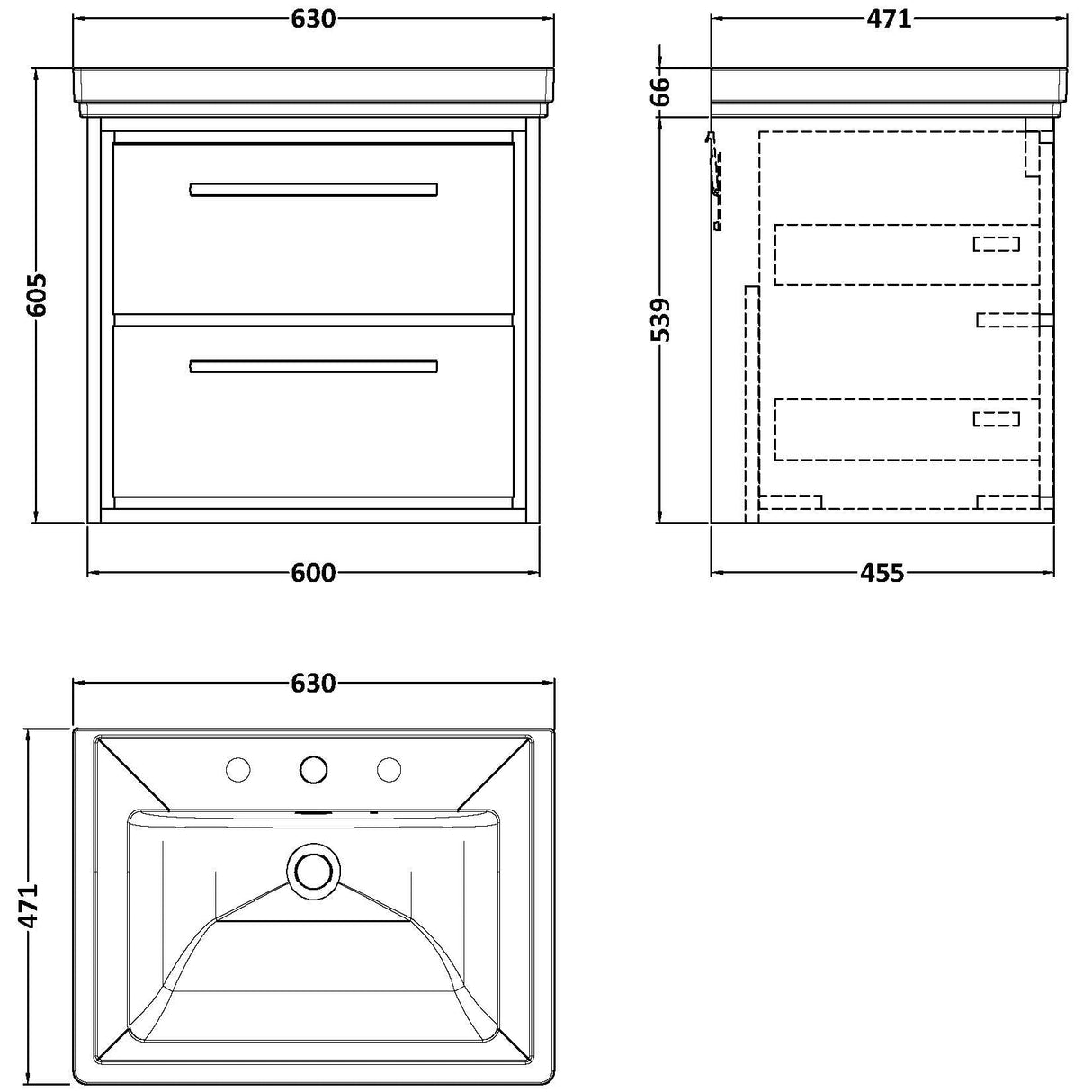 Hudson Reed Lille 600mm Wall Hung 2 Drawer Vanity Unit & Basin Bleached Oak LIL3024B LD