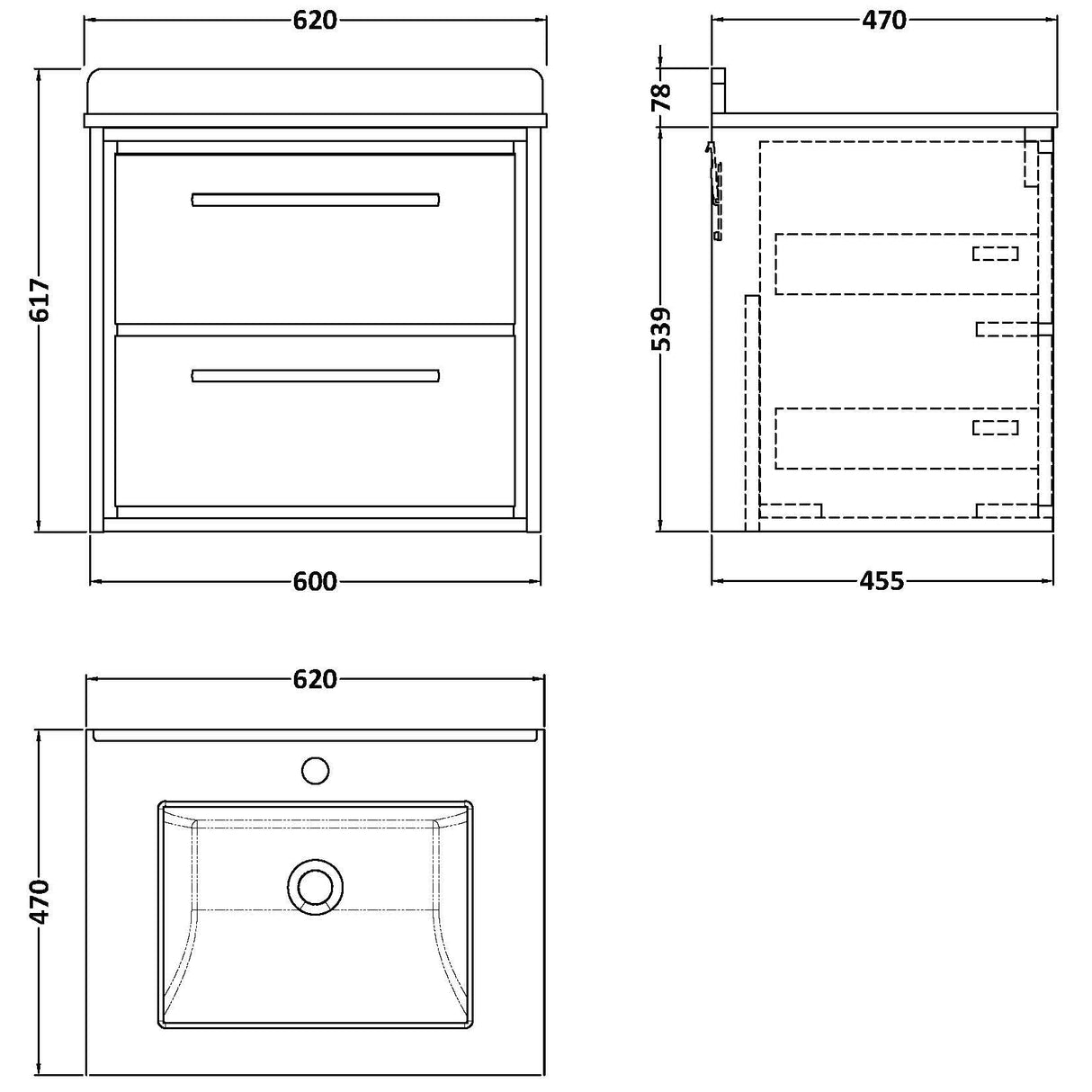 Hudson Reed Lille 600mm Wall Hung 2 Drawer Vanity Unit & Basin Bleached Oak LIL3024WS1 LD