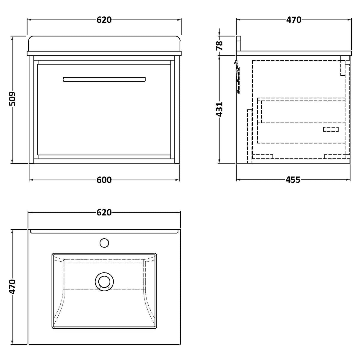 Hudson Reed Lille 600mm Wall Hung 1 Drawer Vanity Unit & Basin Fern Green LIL3122WS1 LD
