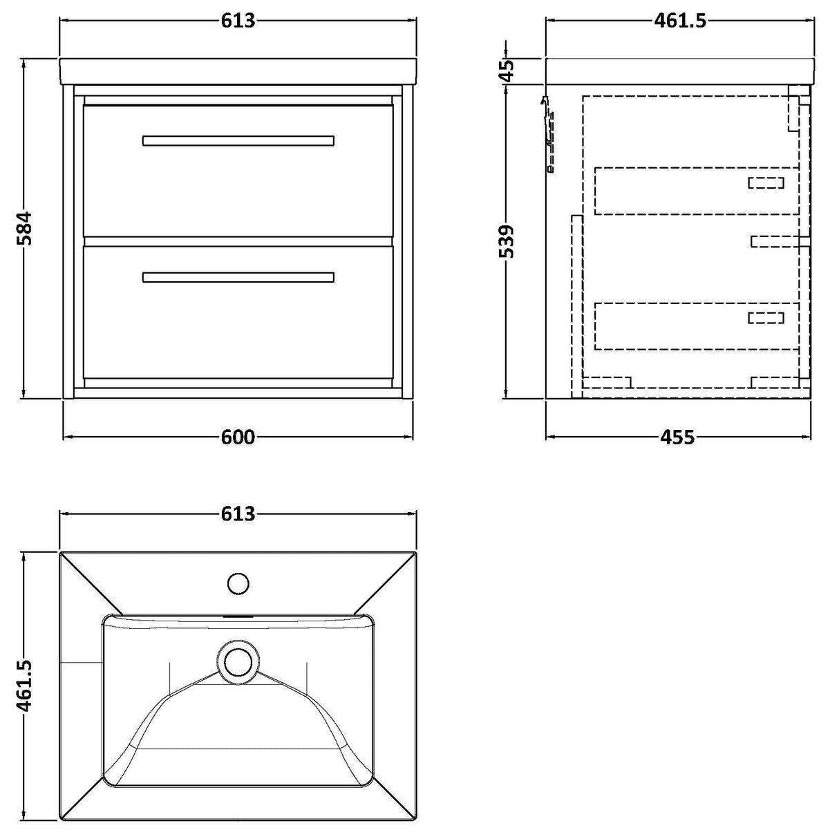 Hudson Reed Lille 600mm Wall Hung 2 Drawer Vanity Unit & Basin Fern Green LIL3124L LD