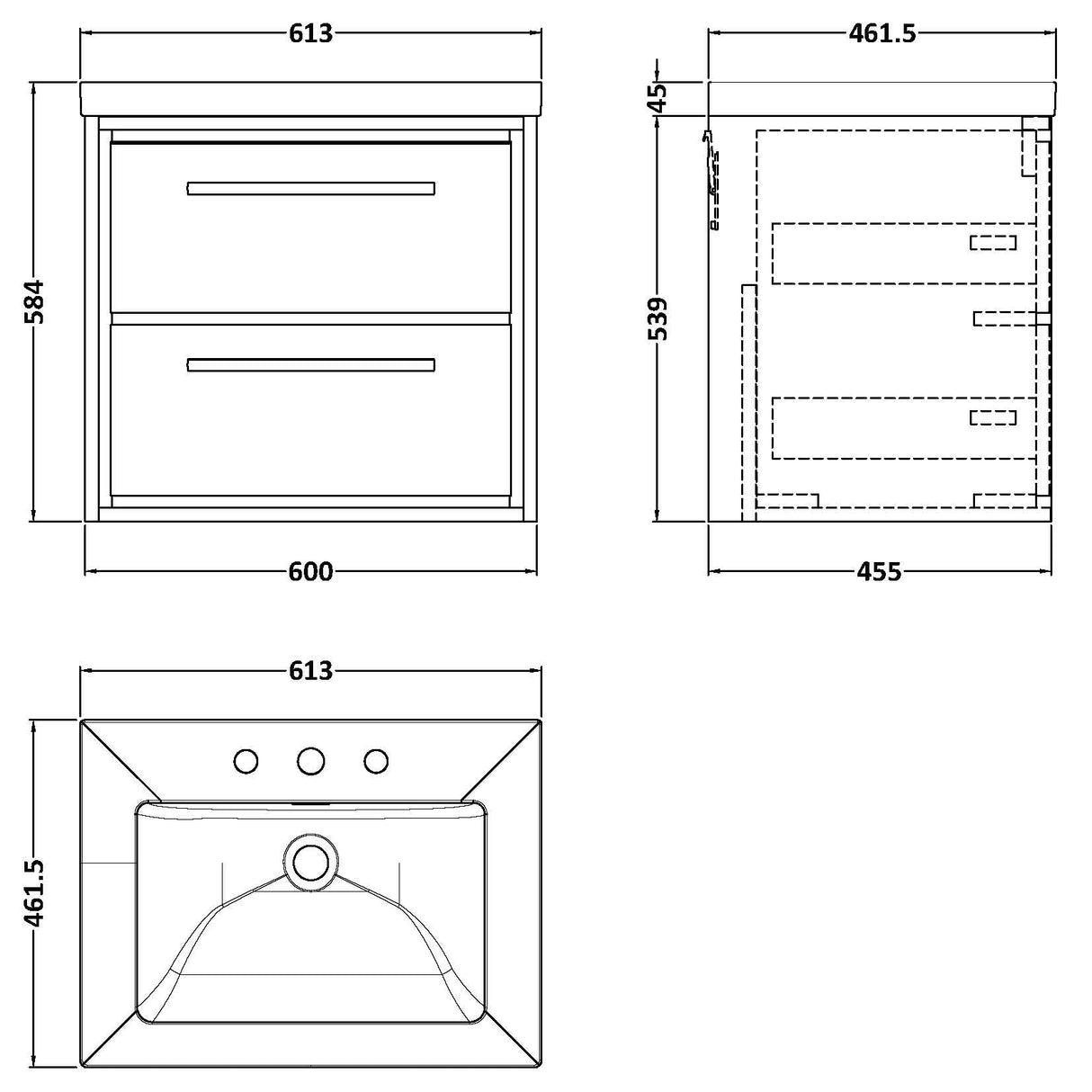 Hudson Reed Lille 600mm Wall Hung 2 Drawer Vanity Unit & Basin Fern Green LIL3124M LD