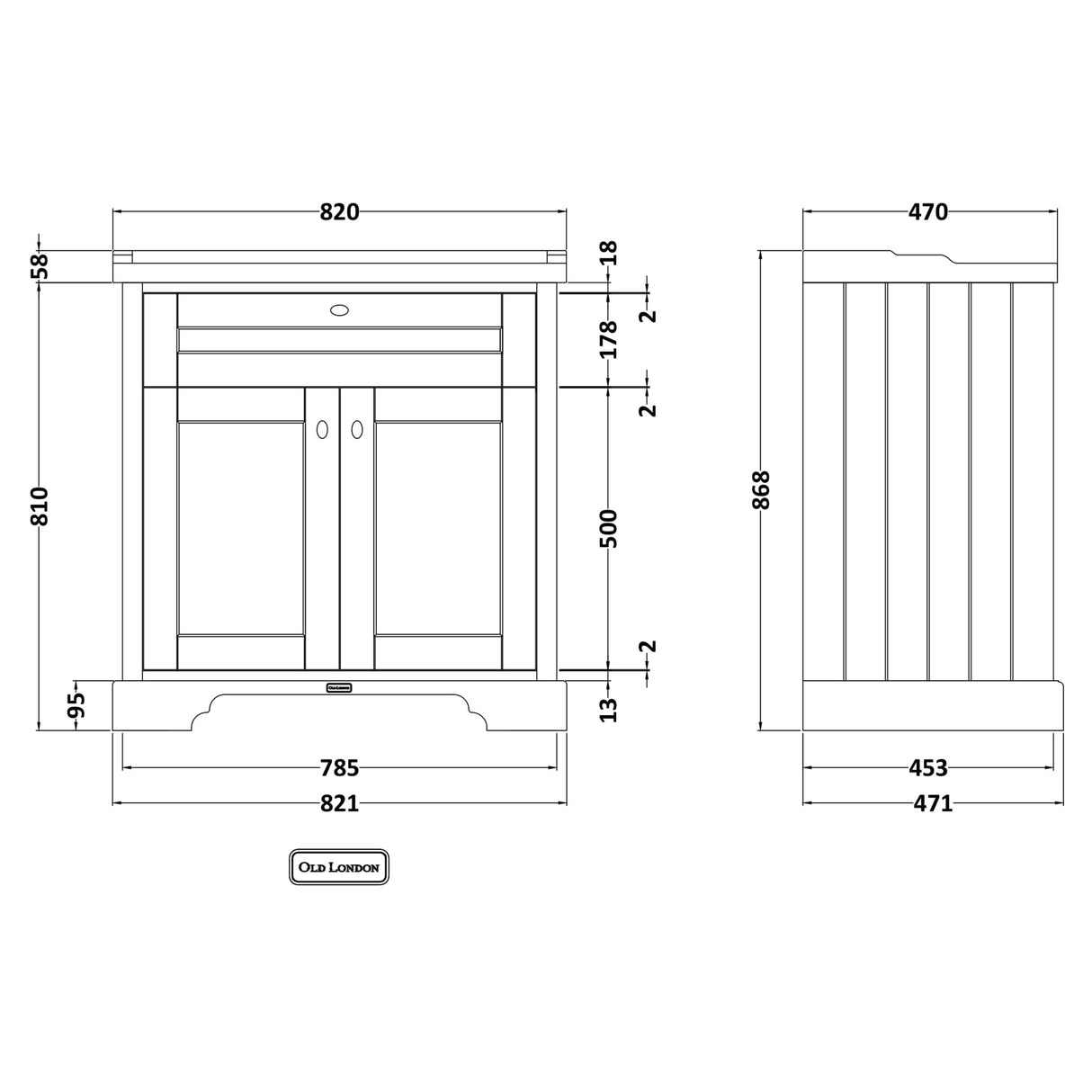 Old London 800mm Freestanding Vanity Unit & Basin, 2 Door Storm Grey LOF205 LD