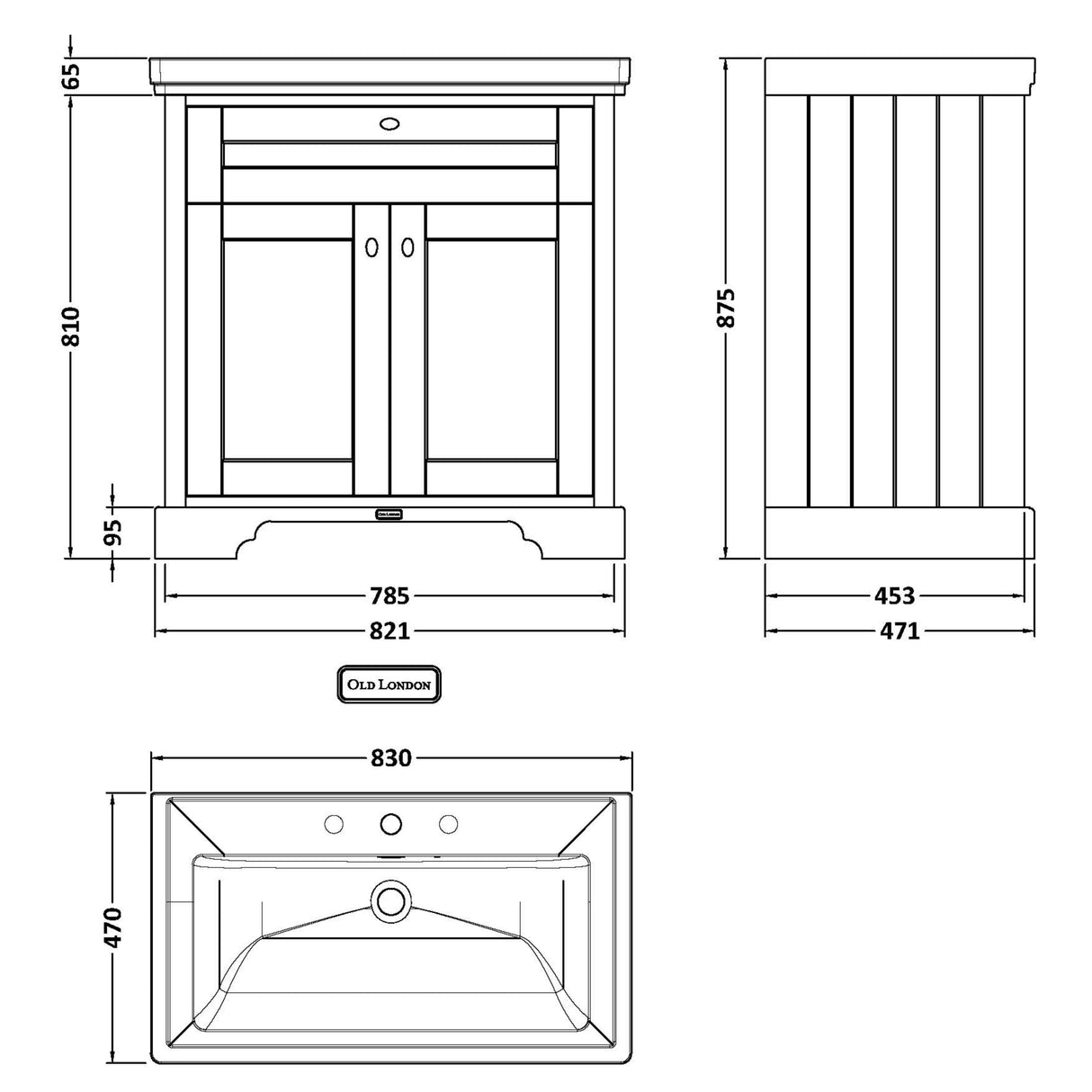 Old London 800mm Freestanding Vanity Unit & Basin, 2 Door Storm Grey LOF236 LD