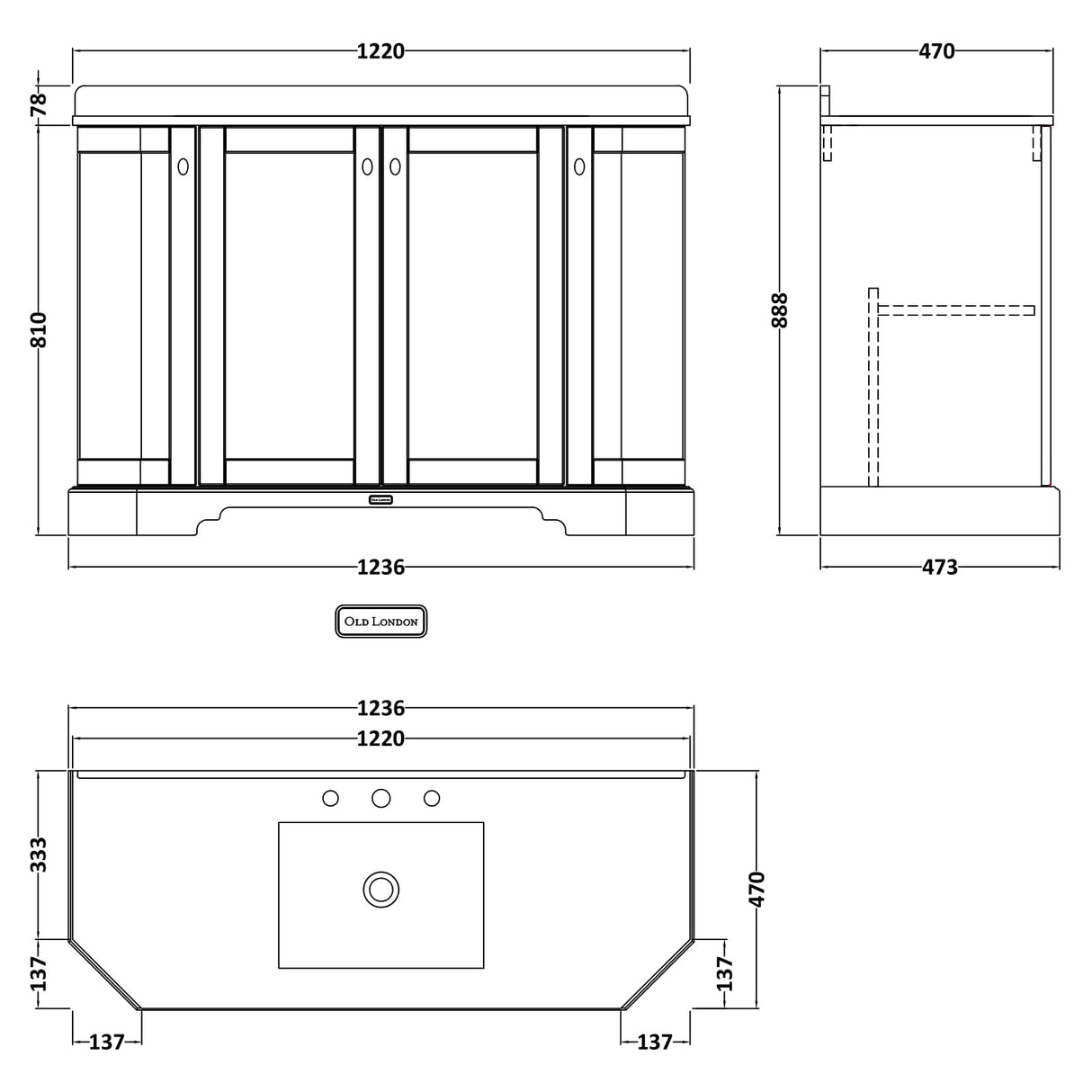 Old London 1200mm Angled Freestanding Vanity Unit & Basin, Square Bowl, 4 Door Storm Grey LOF257 LD