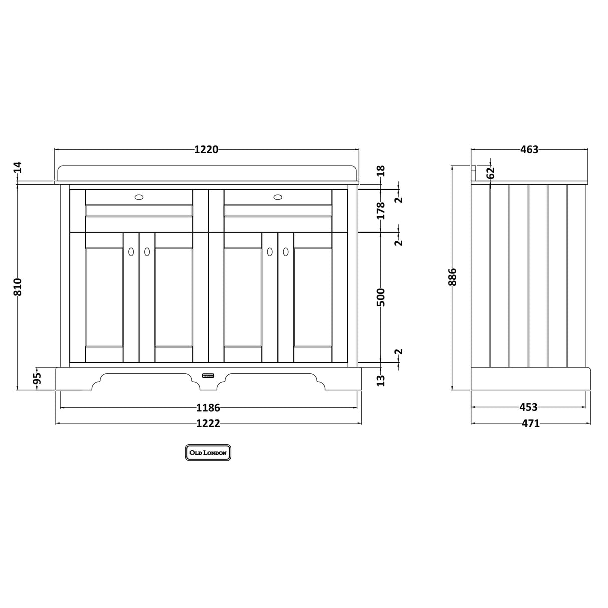 Old London 1200mm Freestanding Vanity Unit & Basin, Round Bowl, 4 Door Storm Grey LOF267 LD