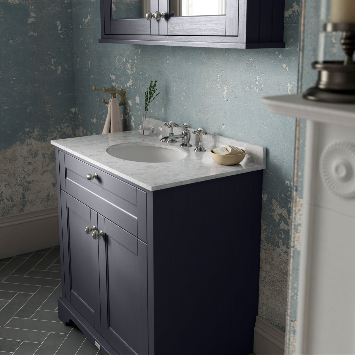 Old London 800mm Freestanding Vanity Unit & Basin, Round Bowl, 2 Door Twilight Blue LOF332 LS