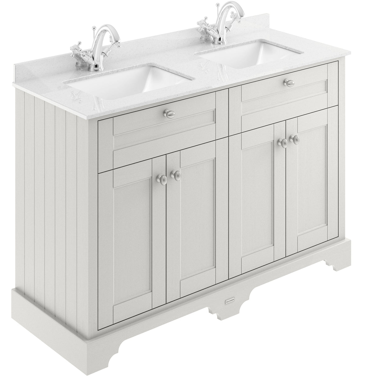 Old London 1200mm Freestanding Vanity Unit & Basin, White Marble Top, Square Bowl, 4 Door Timeless Sand LOF464S