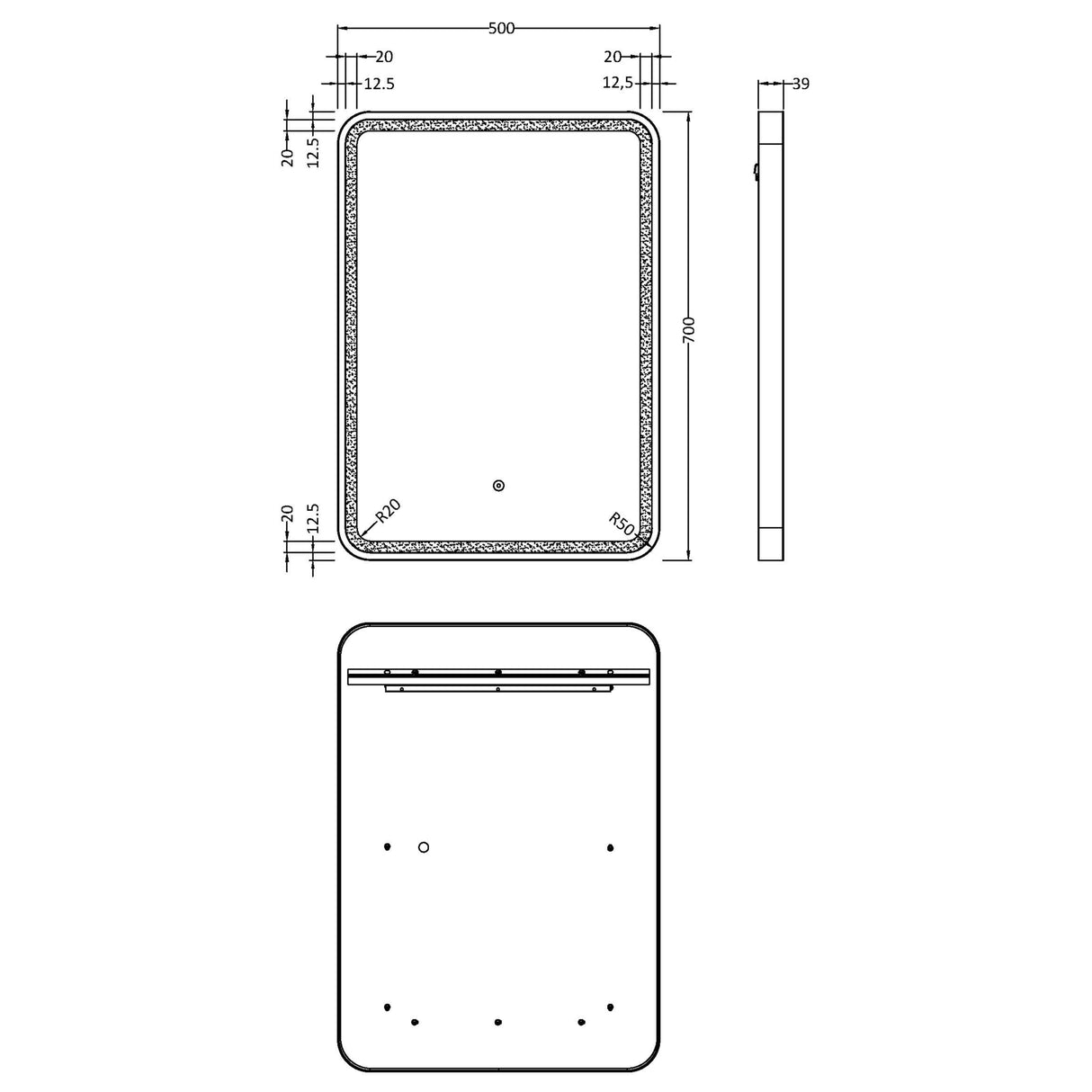Nuie Hydus Rectangular LED Touch Sensor Framed Mirror H700 x W500mm Brushed Brass LQ702 LD