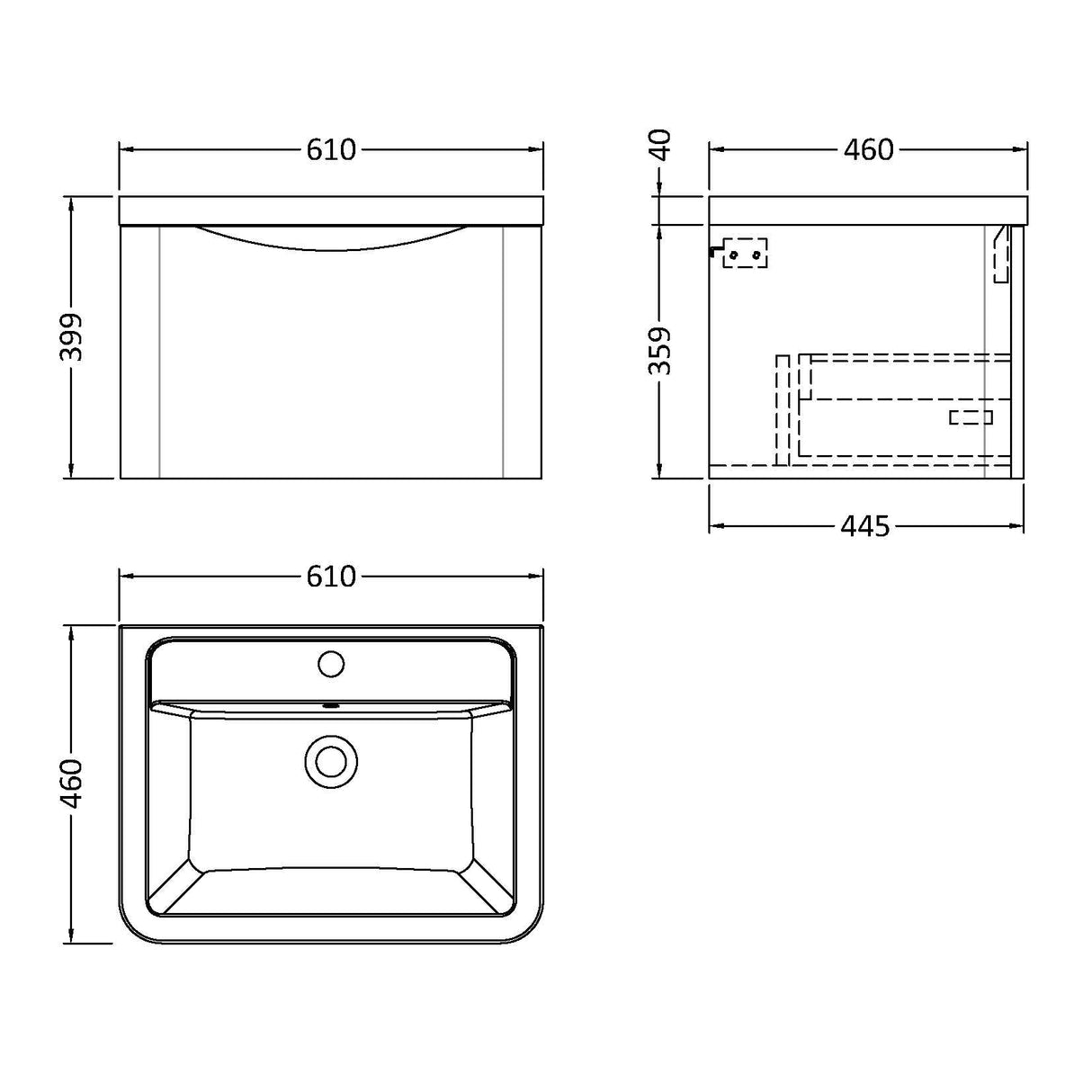 Nuie Lunar 600mm Wall Hung 1 Drawer Vanity Unit & Basin Soft Black LUN1405A LD