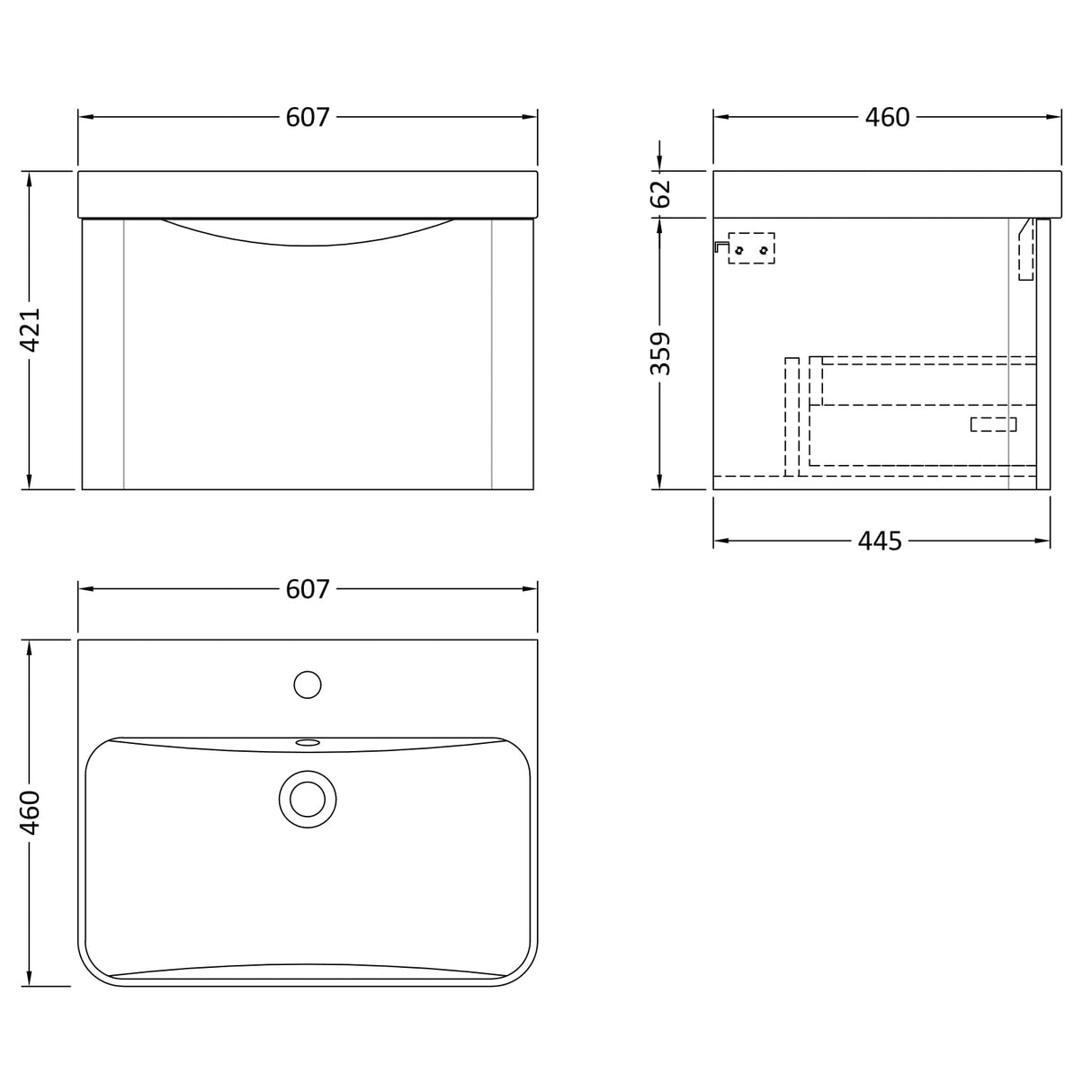 Nuie Lunar 600mm Wall Hung 1 Drawer Vanity Unit & Basin Satin Grey LUN205B LD