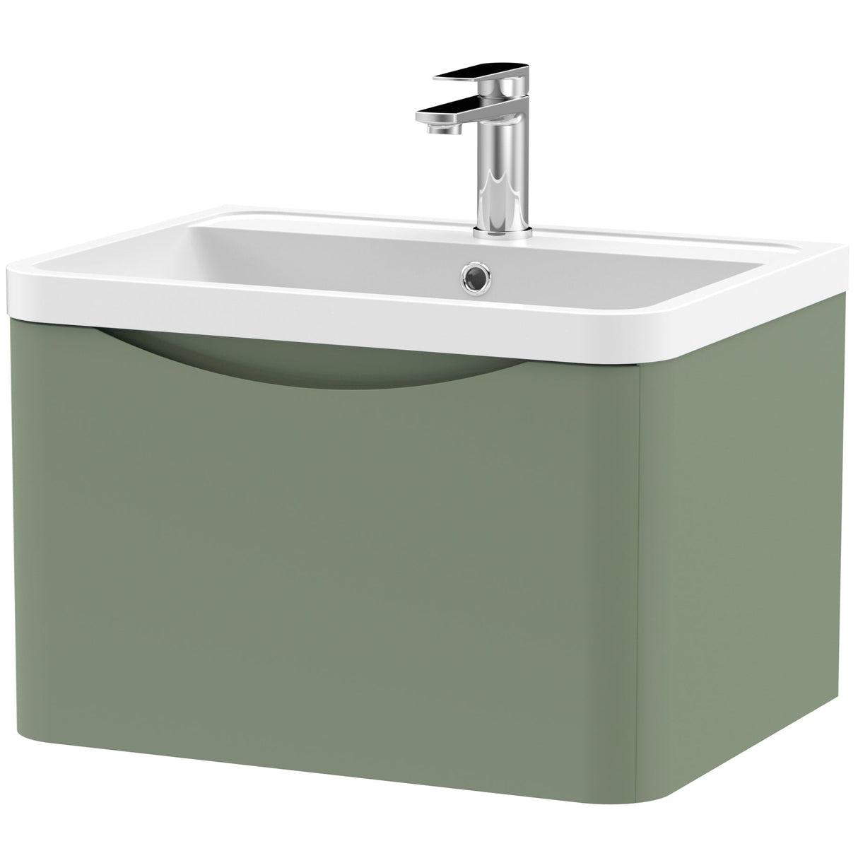 Nuie Lunar 600mm Wall Hung 1 Drawer Vanity Unit & Basin Satin Green LUN805