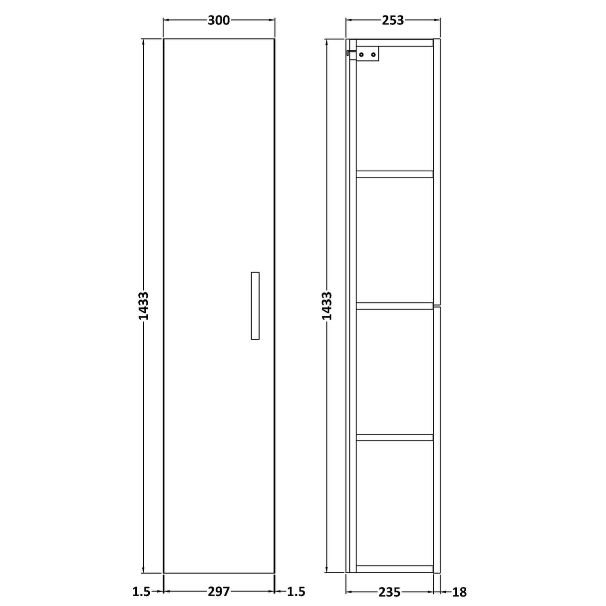 Nuie Arno 1 Door Wall Hung Tall Storage Unit W300mm Soft Black MOE1461 LD