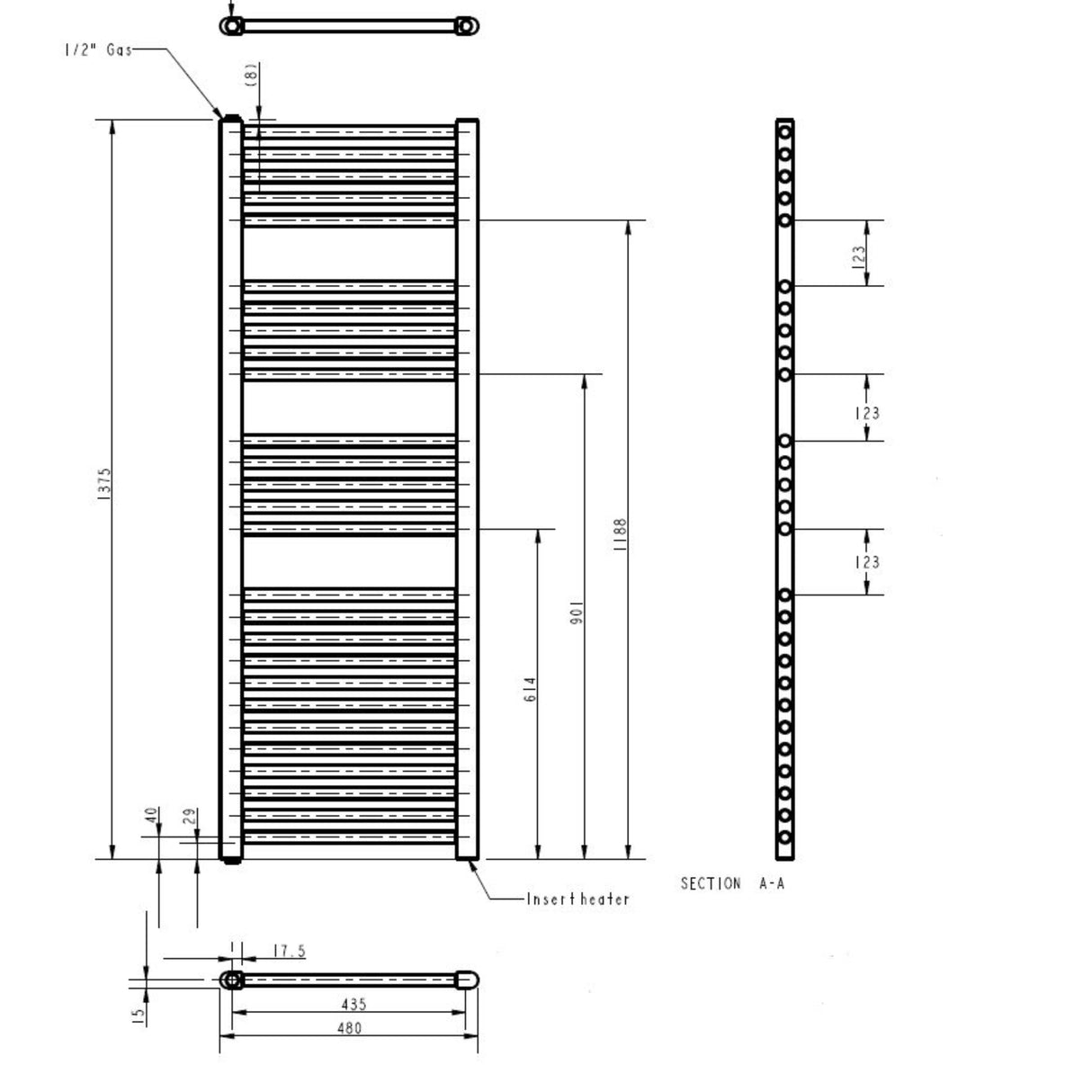 Nuie Ladder Electric Heated Towel Rail - 27 Round Rails - H1375 x W480mm Chrome MTY152 LD