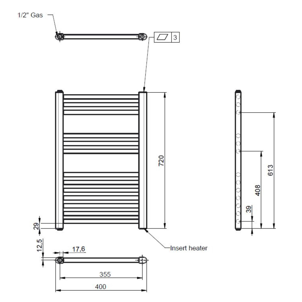Nuie Ladder Electric Heated Towel Rail - 13 Round Rails - H720 x W400mm Gloss White MTY156 LD