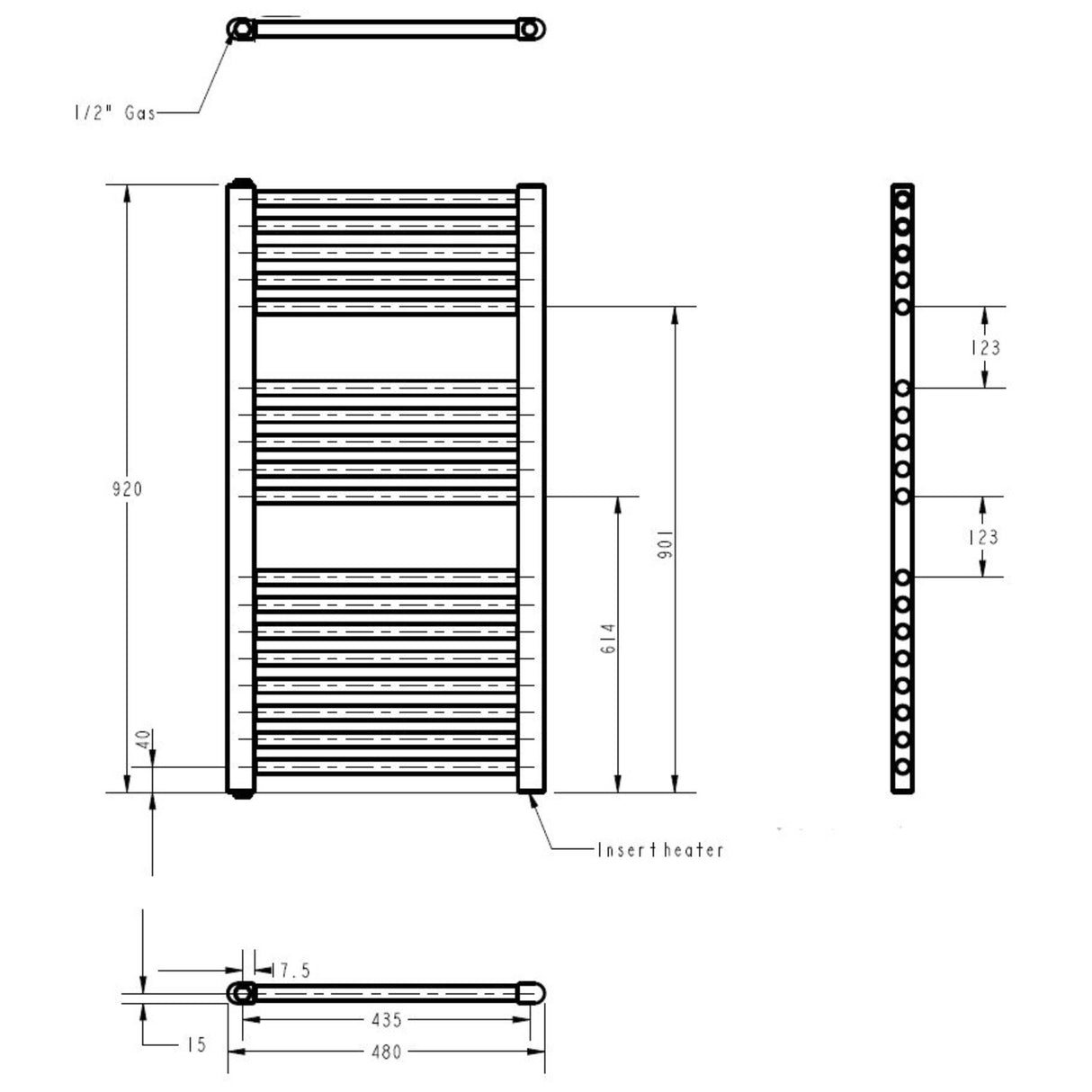Nuie Ladder Electric Heated Towel Rail - 18 Round Rails - H920 x W480mm Gloss White MTY157 LD