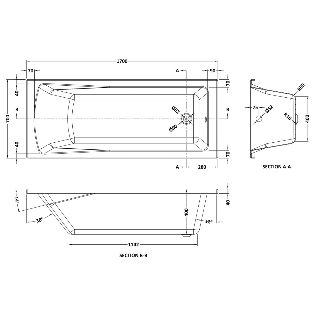 Nuie Linton Square Single Ended Acrylic Bath White NBA409 LD