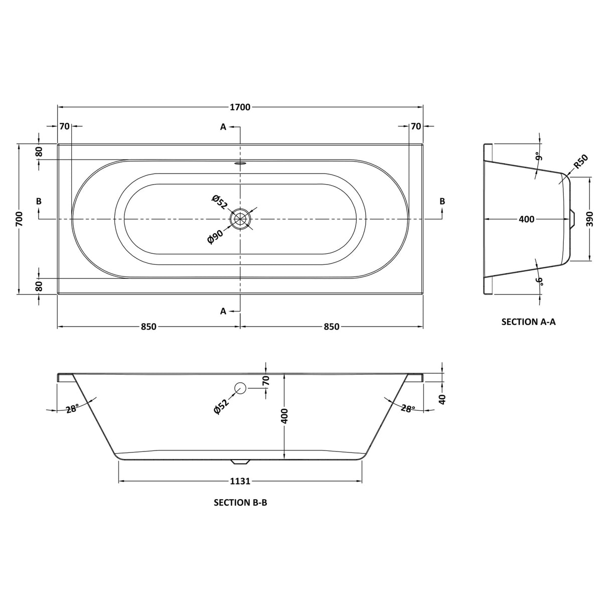 Nuie Otley Round Double Ended Acrylic Bath White NBA509 LD