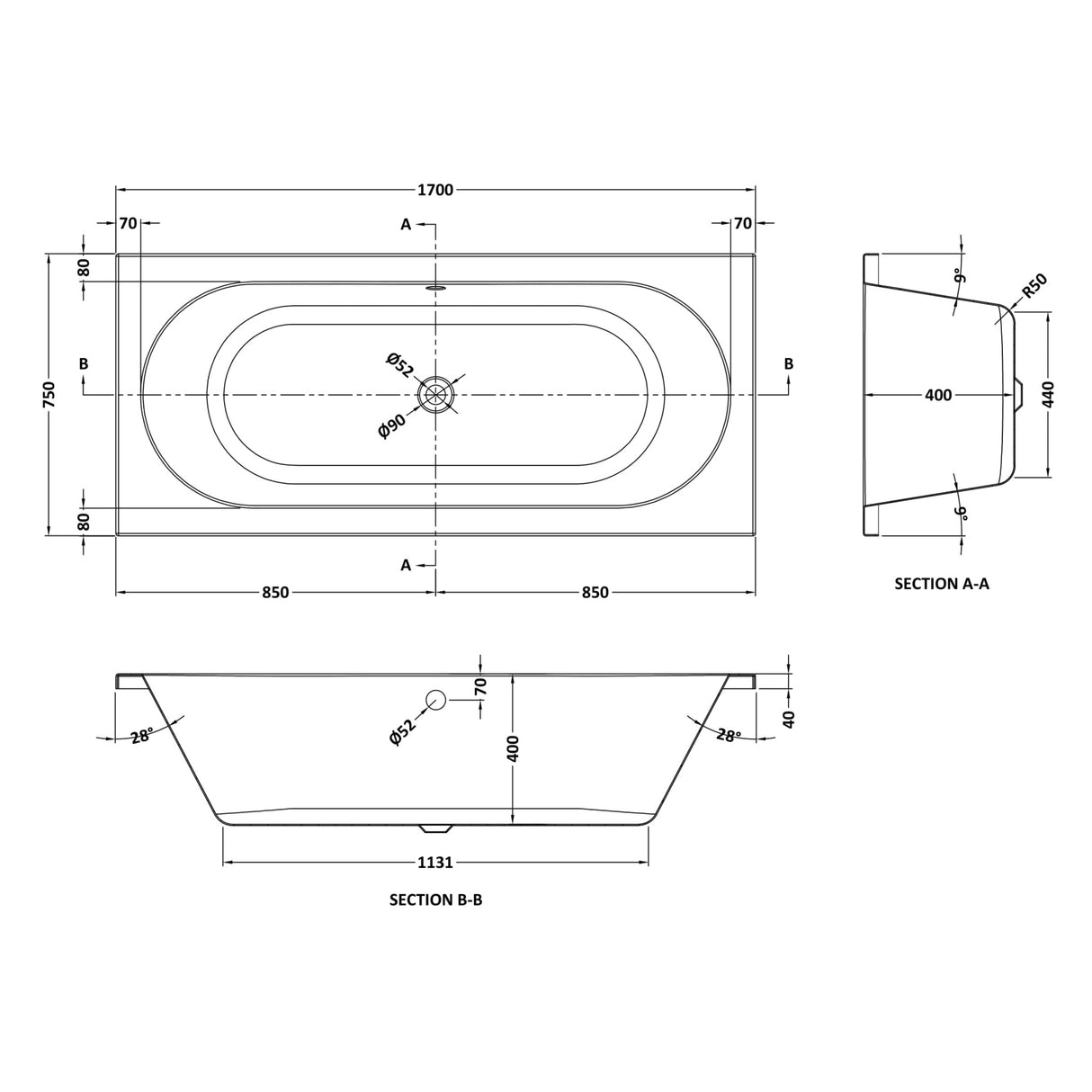 Nuie Otley Round Double Ended Acrylic Bath White NBA510 LD