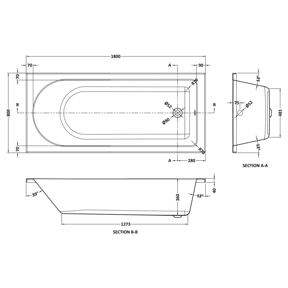 Nuie Barmby Round Single Ended Acrylic Bath White NBA614 LD