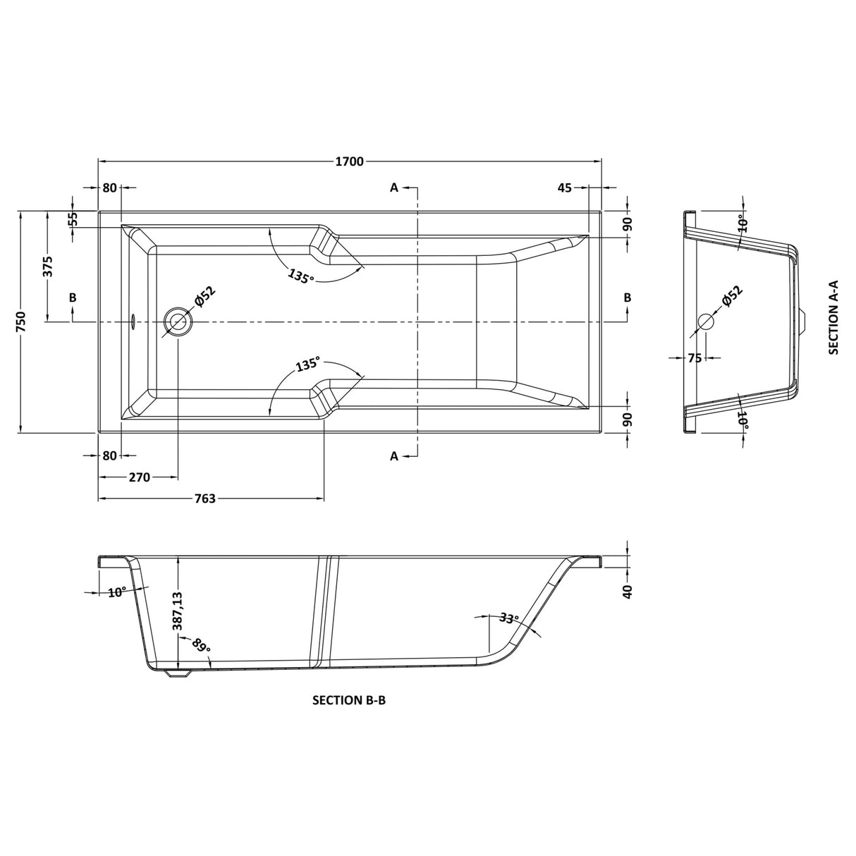 Nuie Square Single Ended Acrylic Shower Bath 1700x750mm White NBA710 LD