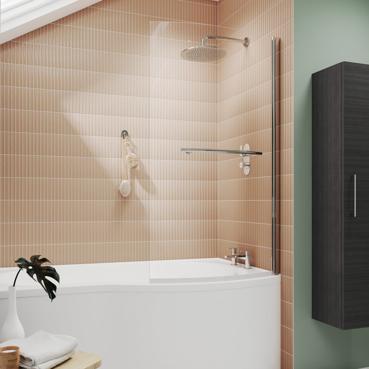 Nuie Curved B-Shaped Hinged Bath Screen With Rail - 6mm Glass (H1433 x W838-858mm) NBBSR1 LS