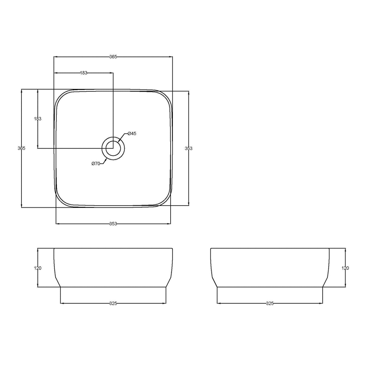 Nuie Square Countertop Basin H120mm x W365mm x D365mm - 0 Tap Hole White NBV163 LD