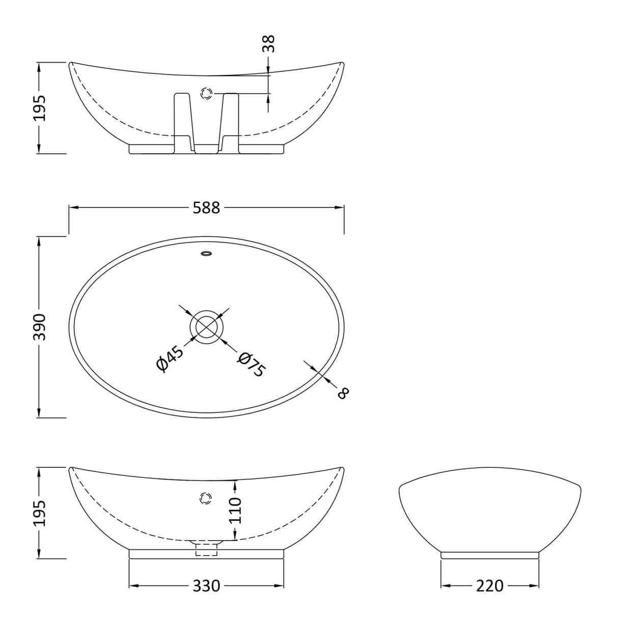 Nuie Oval Countertop Basin H195mm x W588mm x D390mm - 0 Tap Hole - With Overflow White NBV166 LD