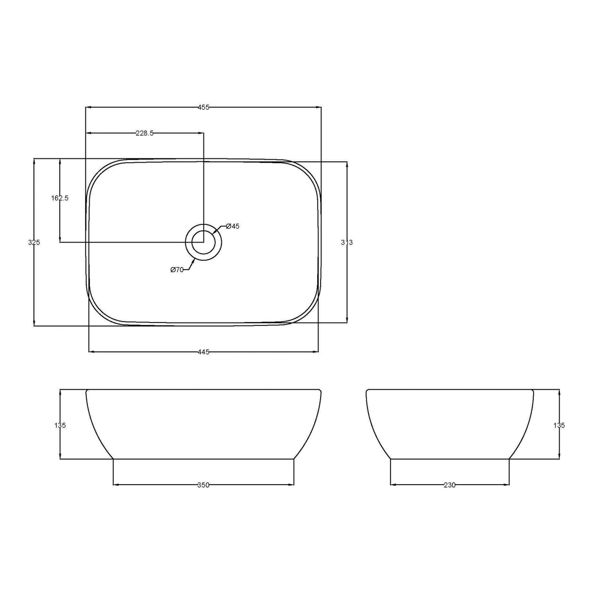 Nuie Soft Square Countertop Basin H135mm x W455mm x D325mm - 0 Tap Hole Matt White NBV258 LD