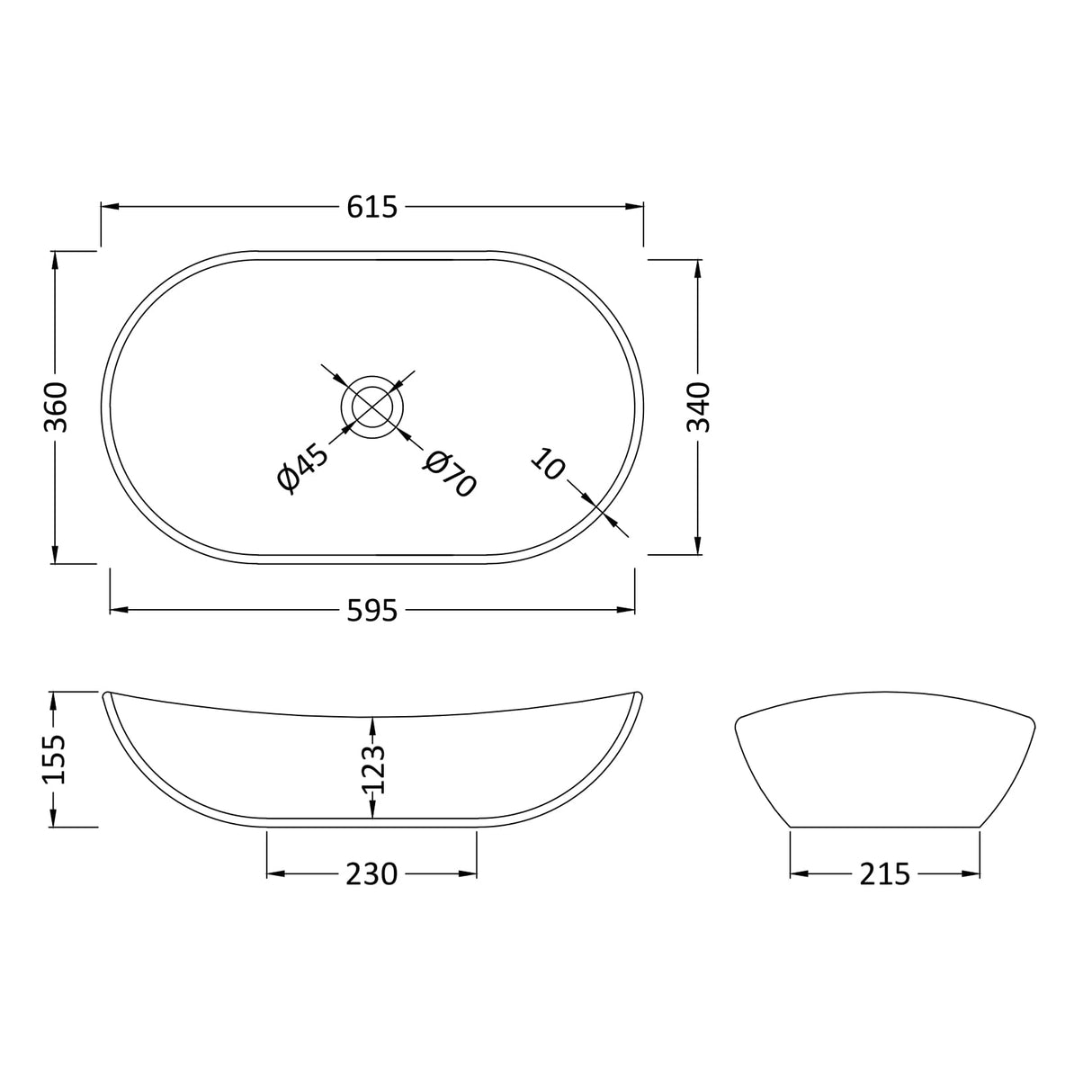 Nuie Curved Countertop Basin H155mm x W615mm x D360mm - 0 Tap Hole Matt White NBV259 LD
