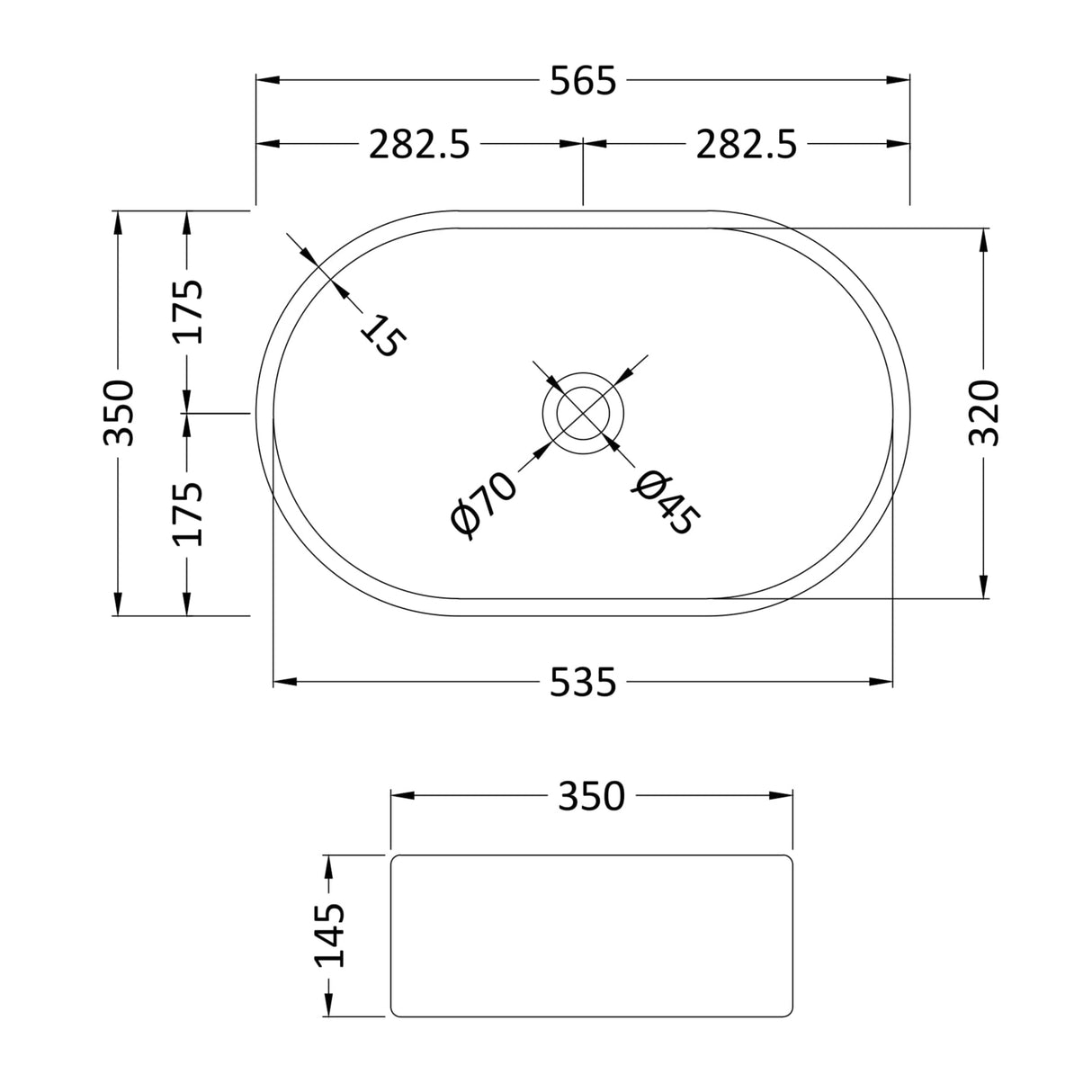 Nuie Oval Countertop Basin H145mm x W565mm x D350mm - 0 Tap Hole Matt White NBV269 LD