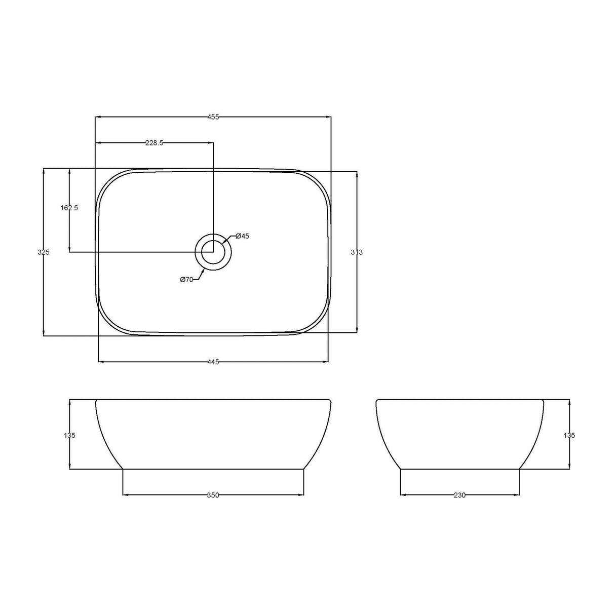Nuie Soft Square Countertop Basin H135mm x W455mm x D325mm - 0 Tap Hole Matt Black NBV458 LD