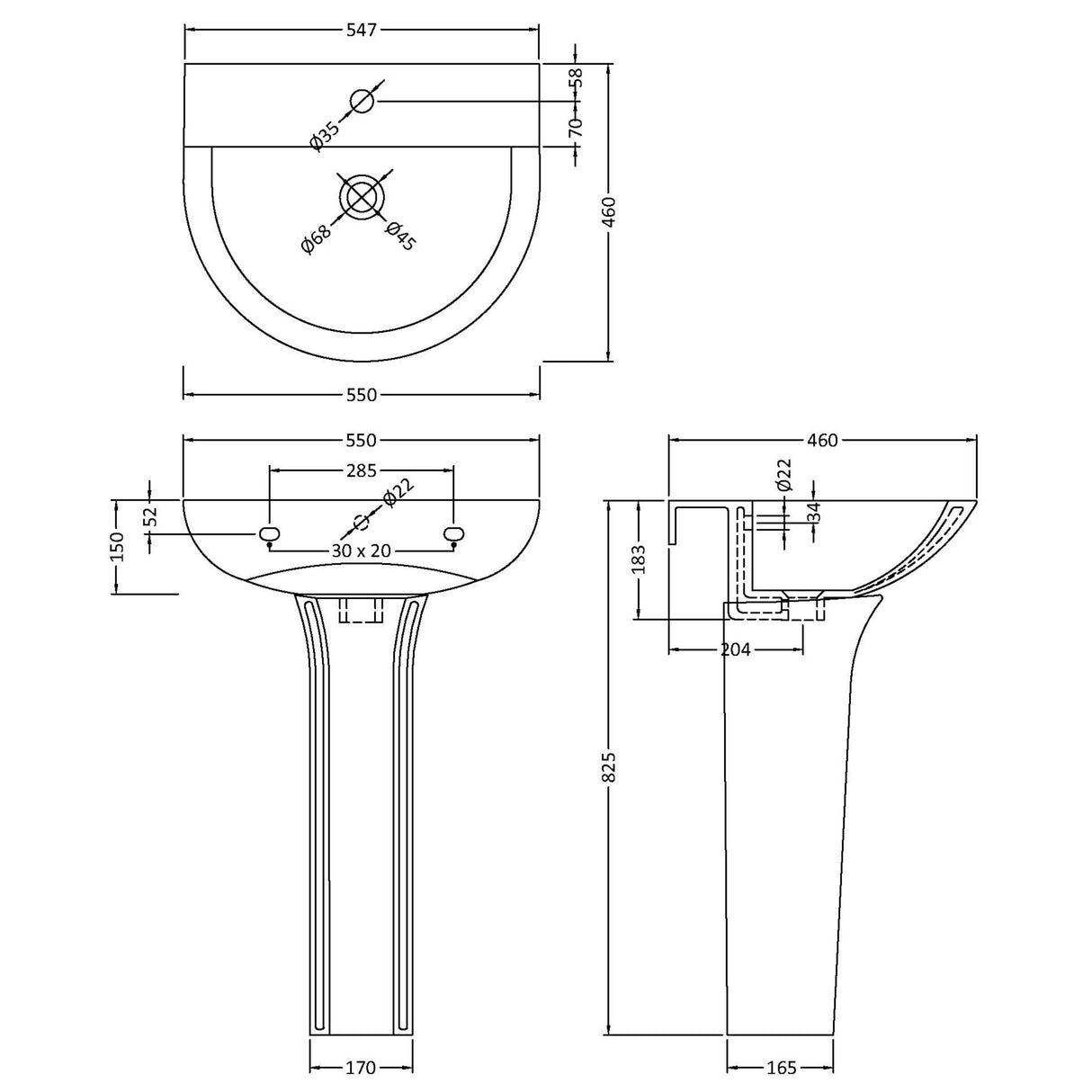 Nuie Freya Basin & Full Pedestal 550mm wide - 1 Tap Hole NCG300 LD