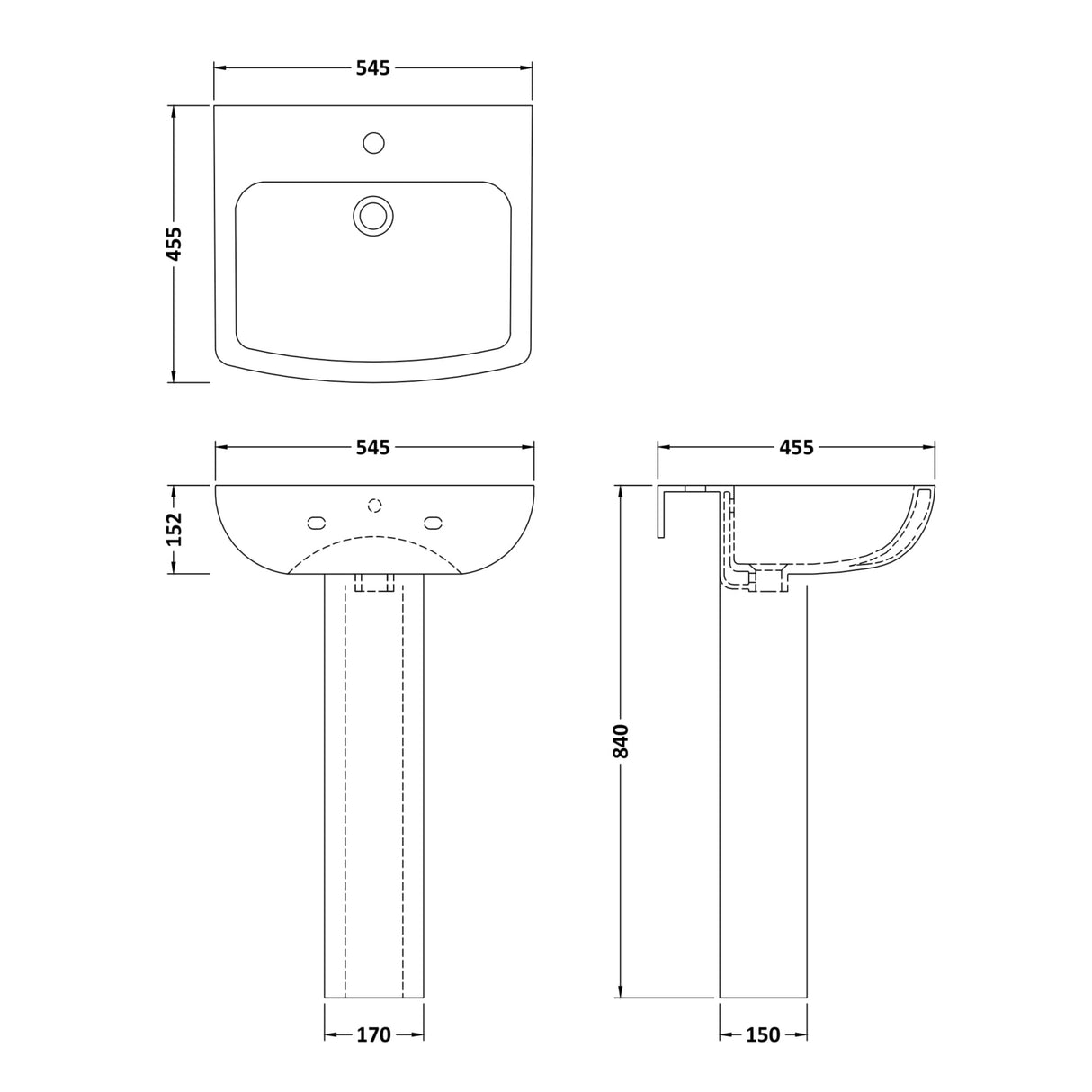 Nuie Ava Basin & Full Pedestal 545mm wide - 1 Tap Hole NCG400 LD