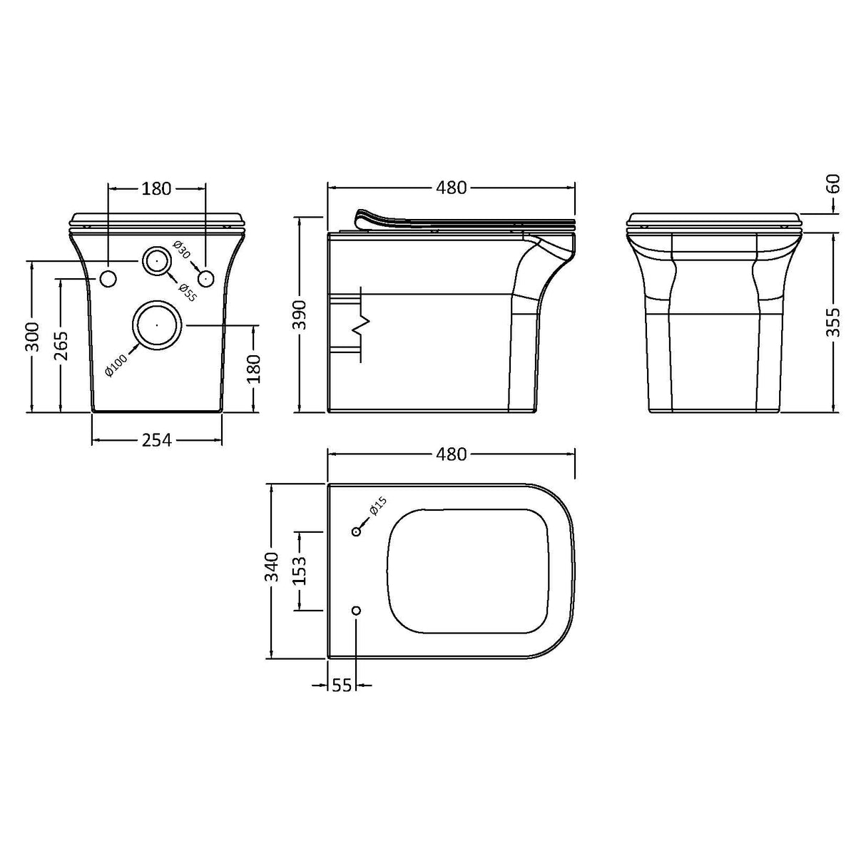 Nuie Ava Rimless Square Wall Hung Toilet & Soft Close Sandwich Seat NCG540 LD