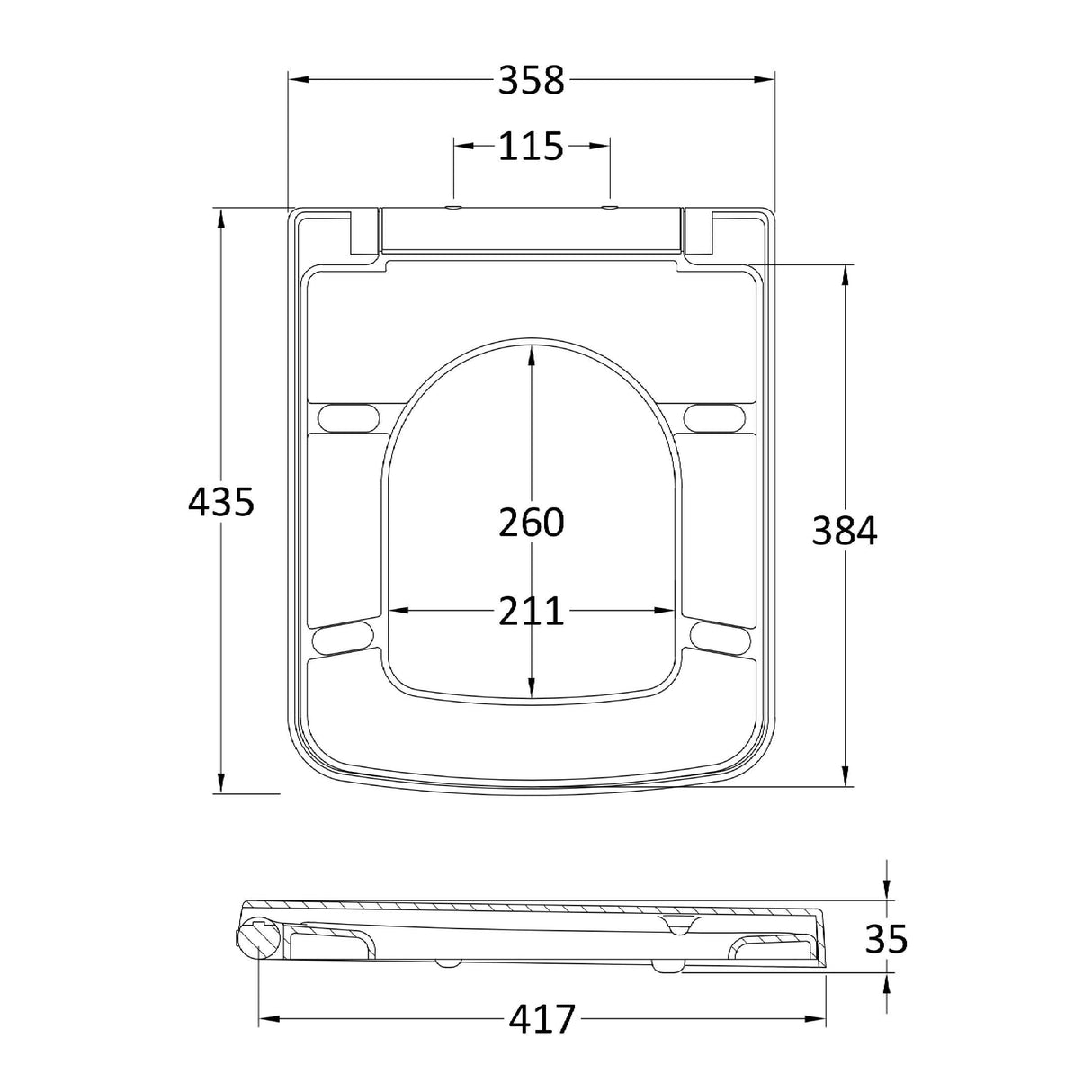Nuie Luxury Square Tapered Edge Soft Close Toilet Seat with Top Fix White NCH198 LD
