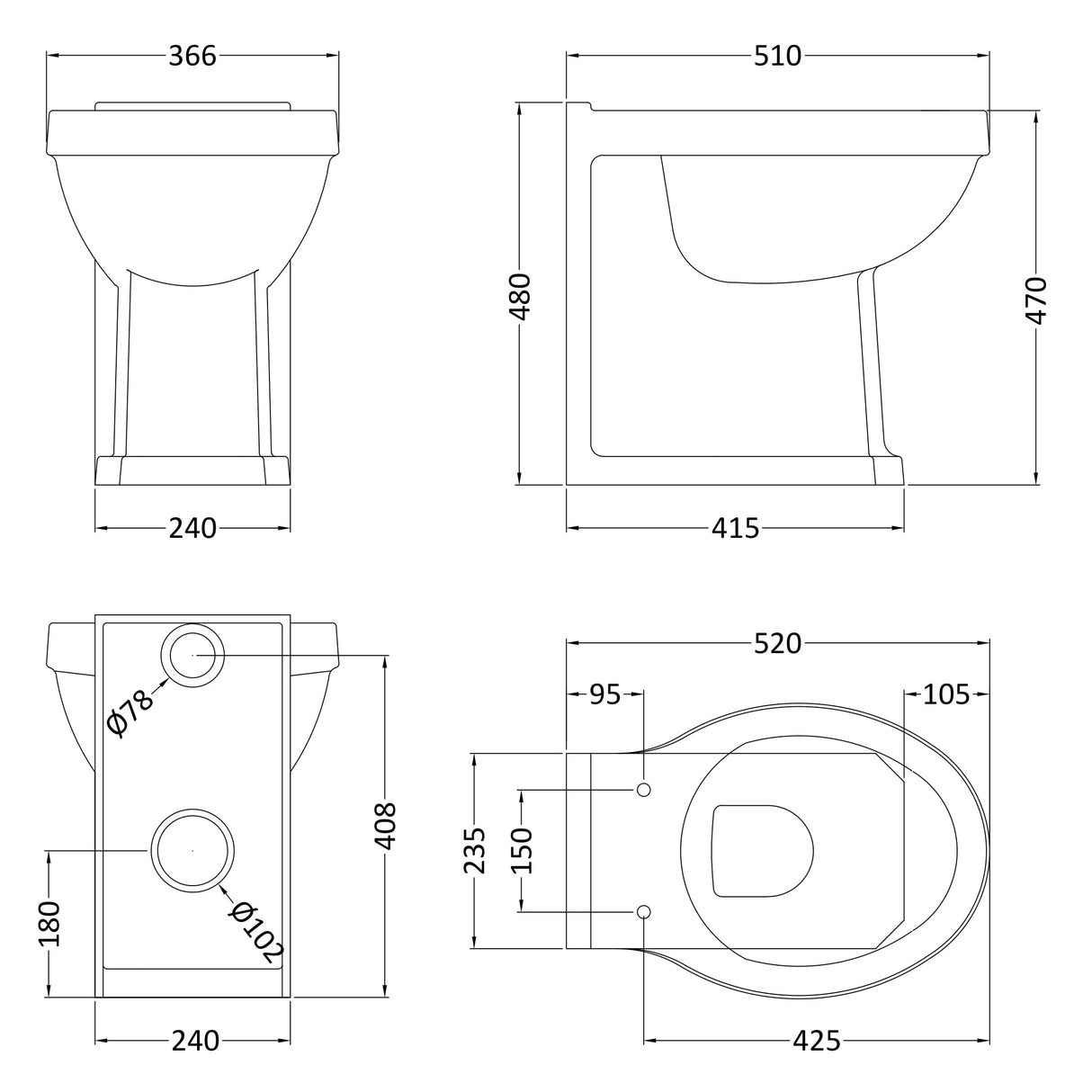 Old London Richmond Comfort Height Back To Wall Toilet, Without Seat Gloss White NCS856 LD