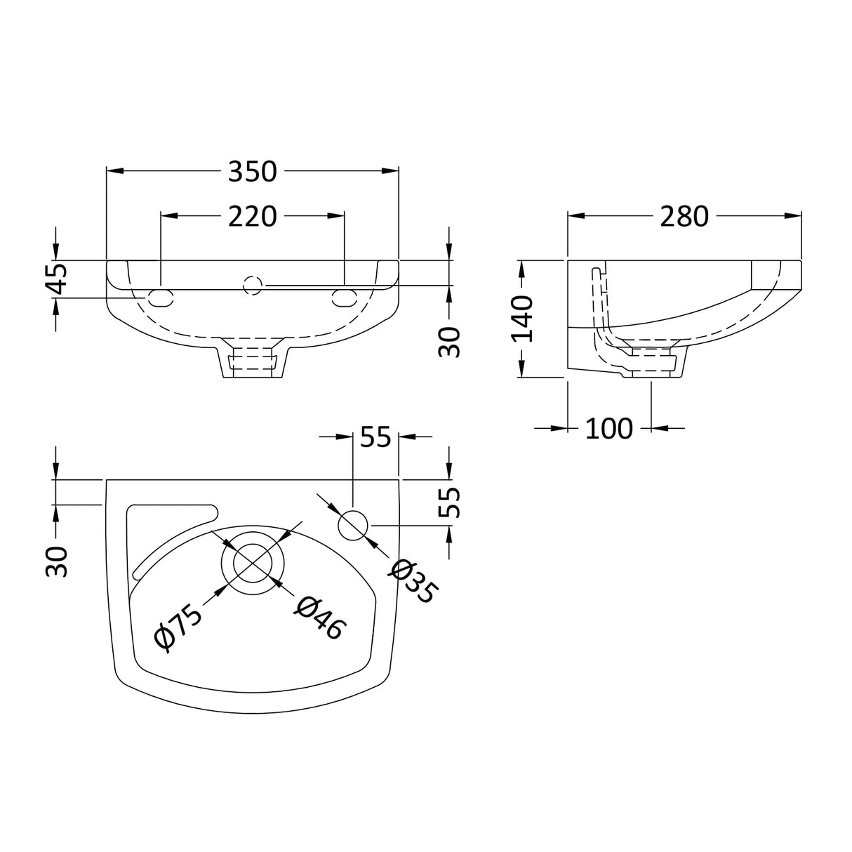 Nuie Melbourne Wall Hung Cloakroom Basin W350 x D280mm - 1 Tap Hole NCU832 LD