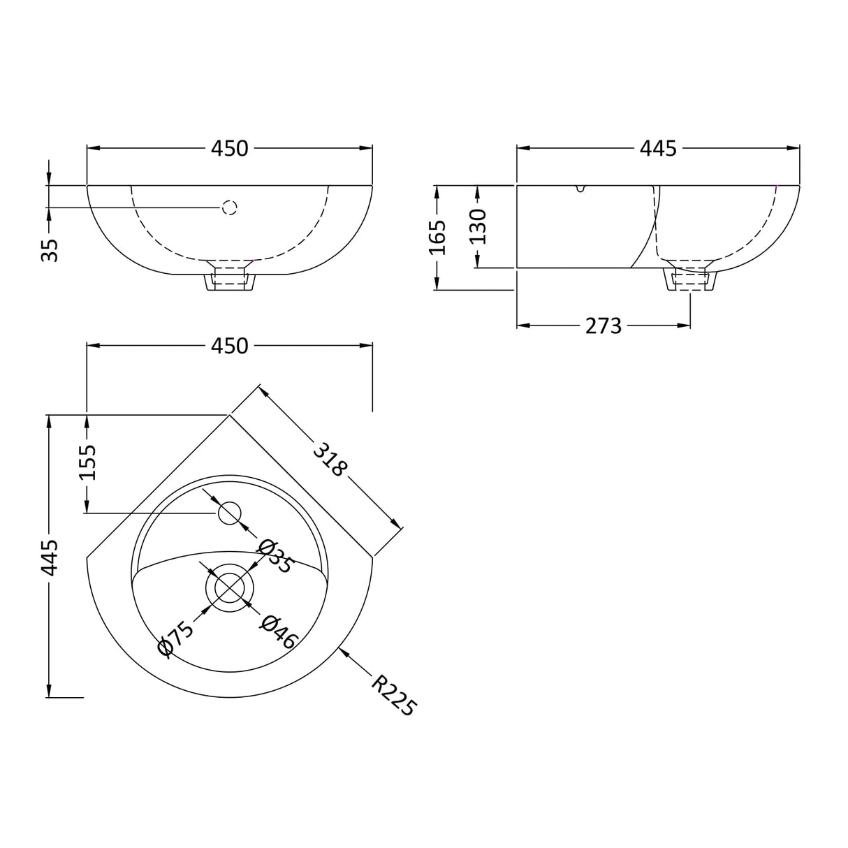 Nuie Melbourne Corner Wall Hung Cloakroom Basin W450 x D445mm - 1 Tap Hole NCU862 LD