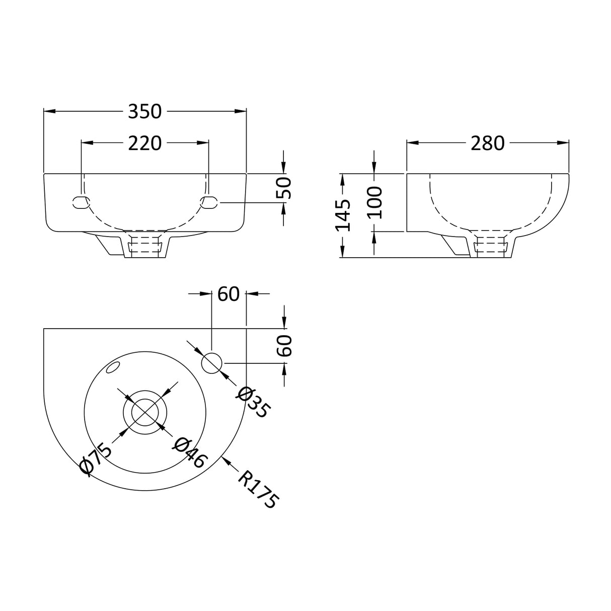 Nuie Melbourne Wall Hung Round Cloakroom Basin W350 x D280mm - 1 Tap Hole NCU932 LD