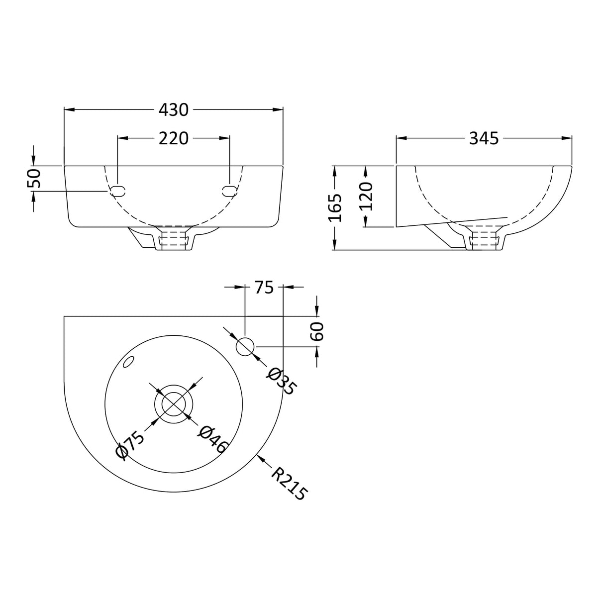 Nuie Melbourne Wall Hung Cloakroom Basin W430 x D345mm - 1 Tap Hole NCU942 LD