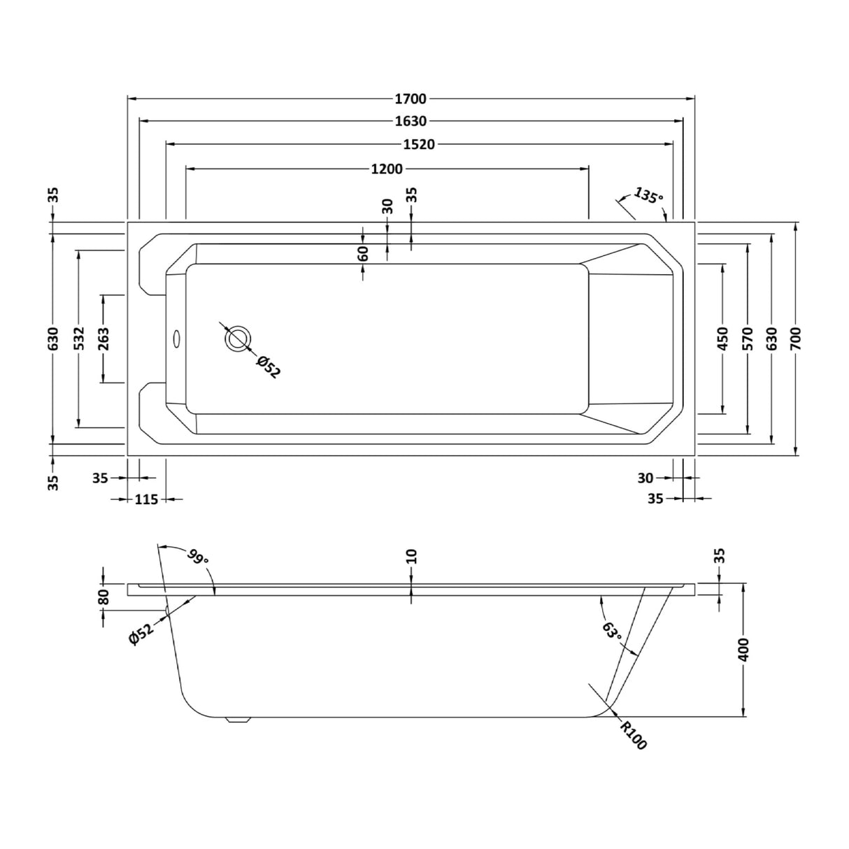 Nuie Ascott Traditional Single Ended Acrylic Bath White NLB109 LD